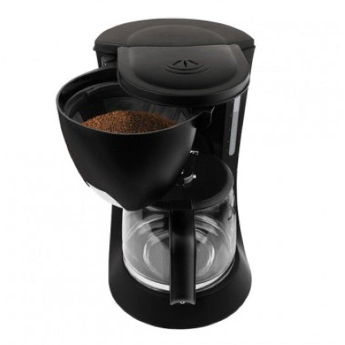 Czarny ekspres do kawy z fusami w środku i szklaną karafką.