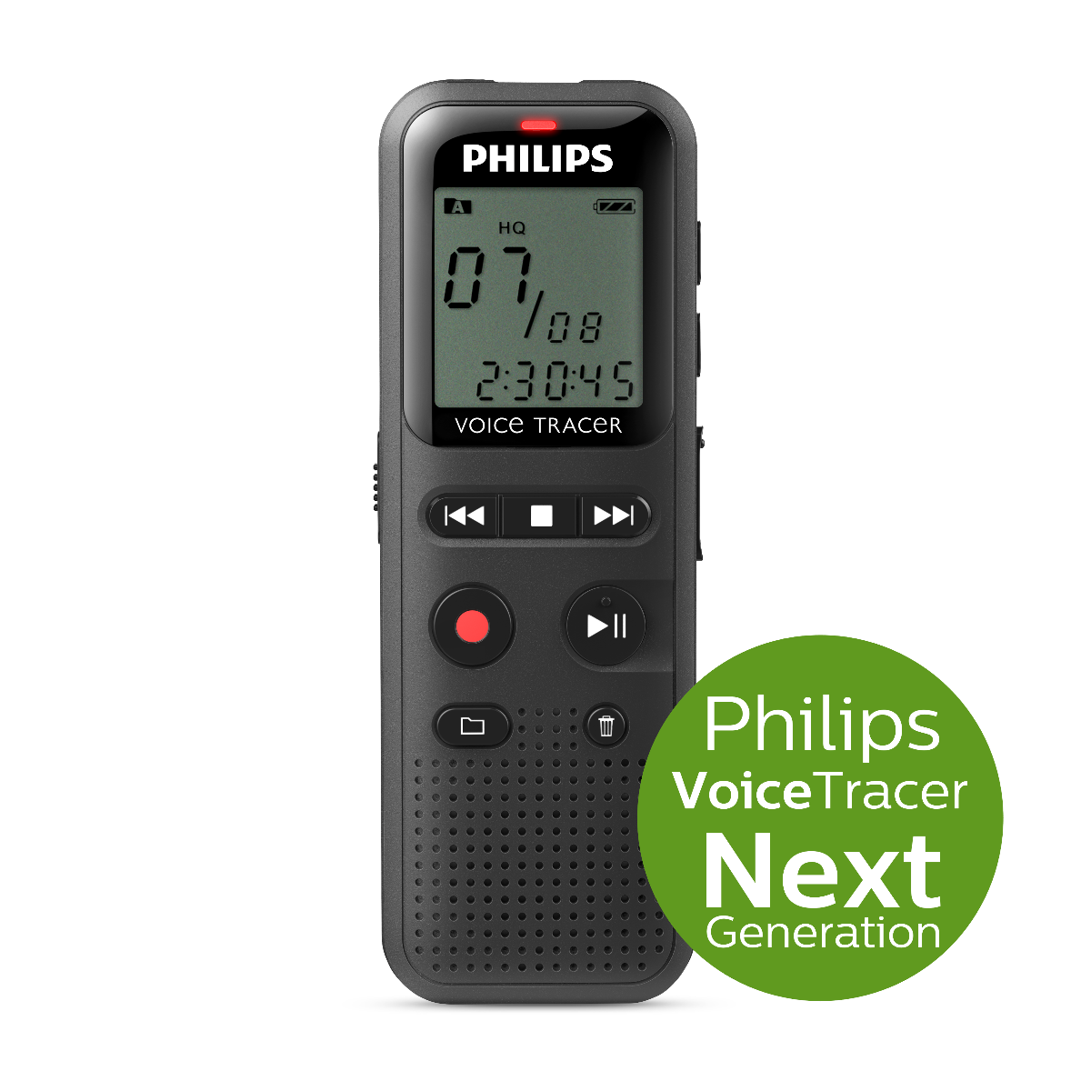 Schwarzer Philips-Diktiergerät mit Display und Knöpfen, mit grünem 'VoiceTracer'-Label.