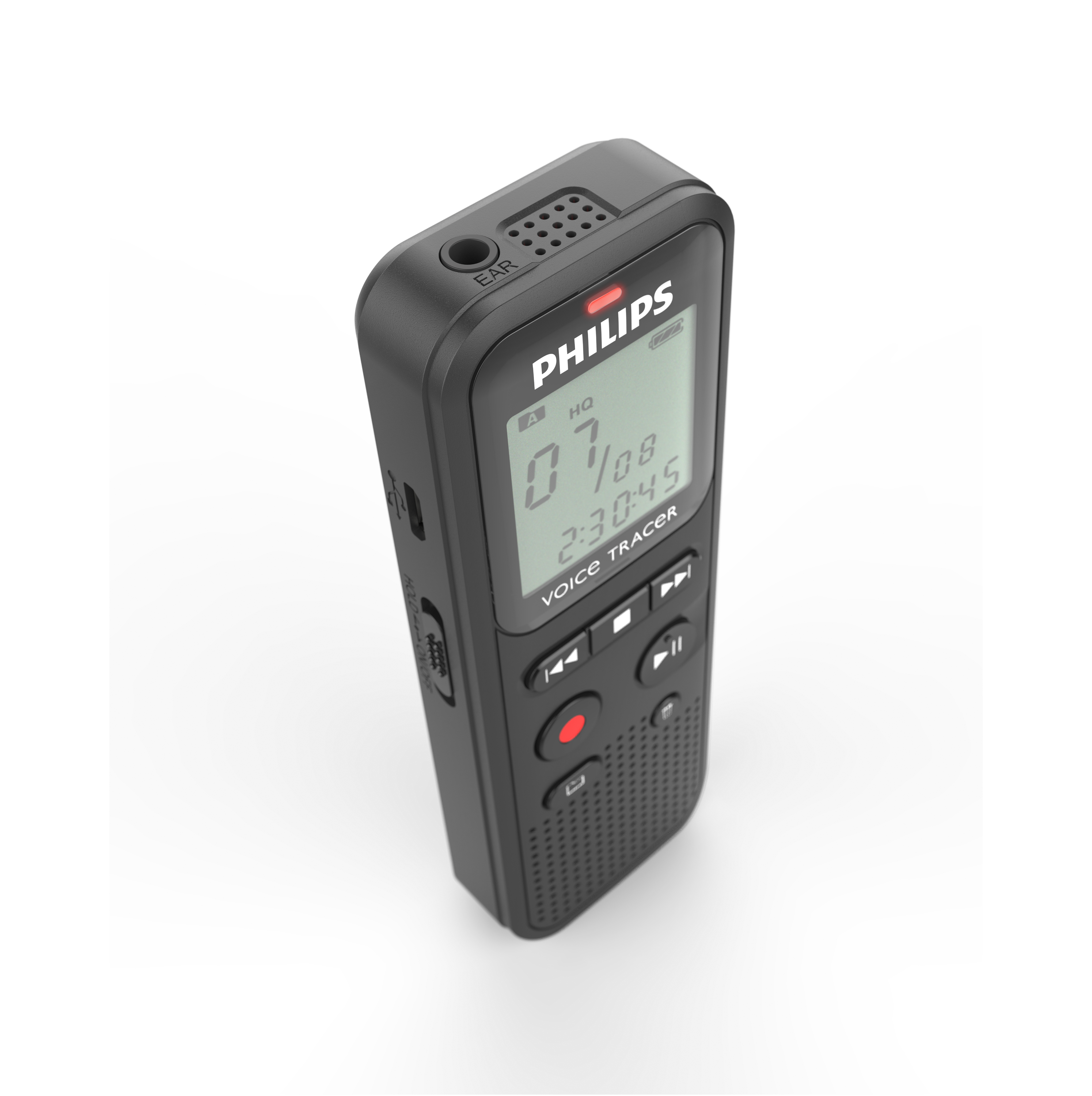 Registratore Philips Voice Tracer nero con schermo che mostra ora e data.
