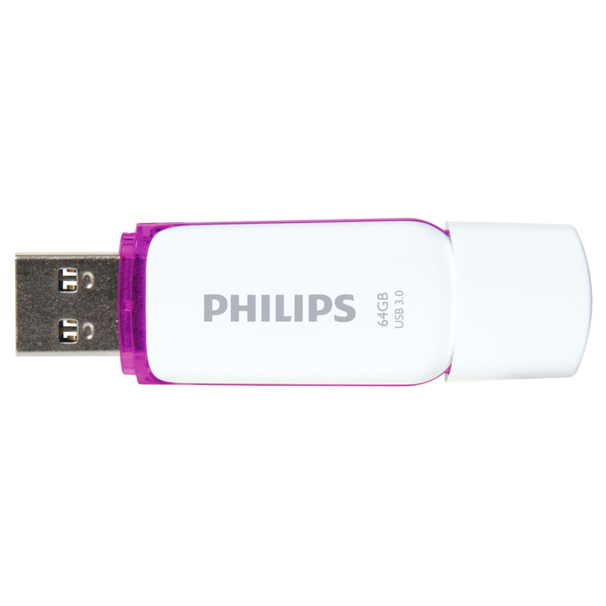 Biały pendrive USB 3.0 firmy Philips z fioletowym akcentem i nazwą marki na nim.