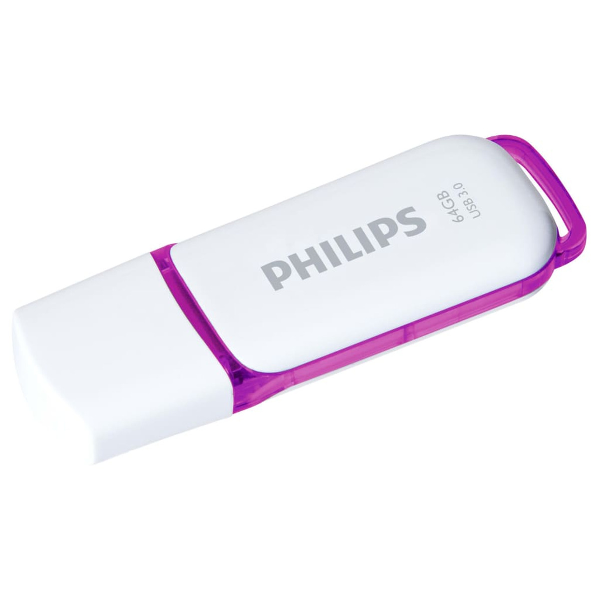 Biały i fioletowy dysk flash USB. Marka 'PHILIPS' jest na nim napisana.