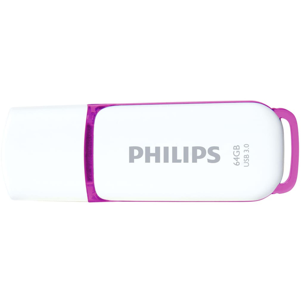 Biało-fioletowy pendrive USB Philips. Widoczne logo Philips i 64 GB.