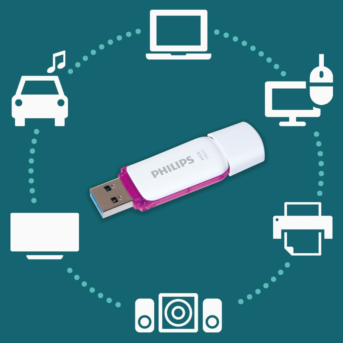 Biały pendrive otoczony ikonami urządzeń technicznych na turkusowym tle.
