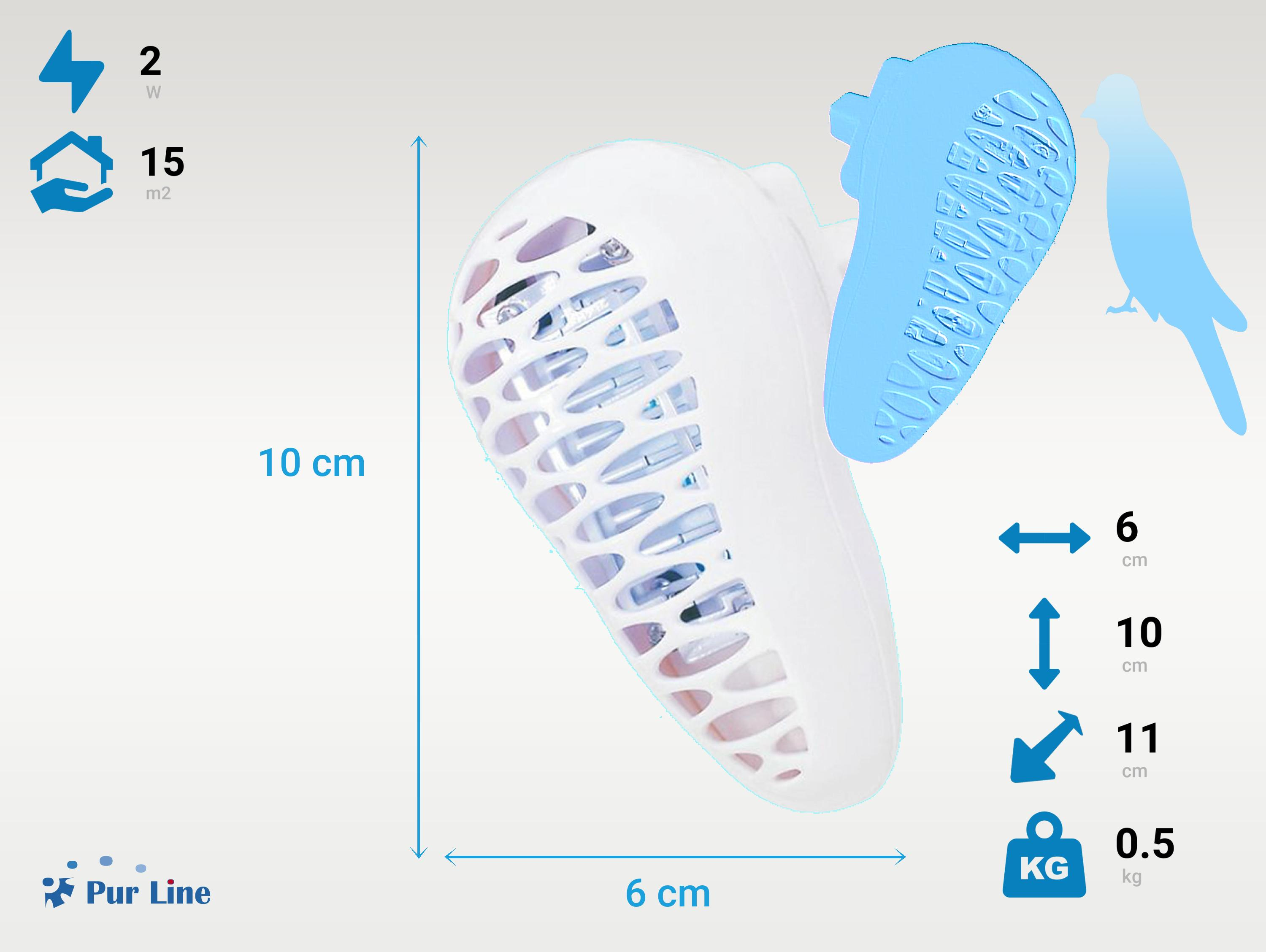 Repelente de mosquitos blanco, con medidas y diagramas, silueta de pájaro azul.