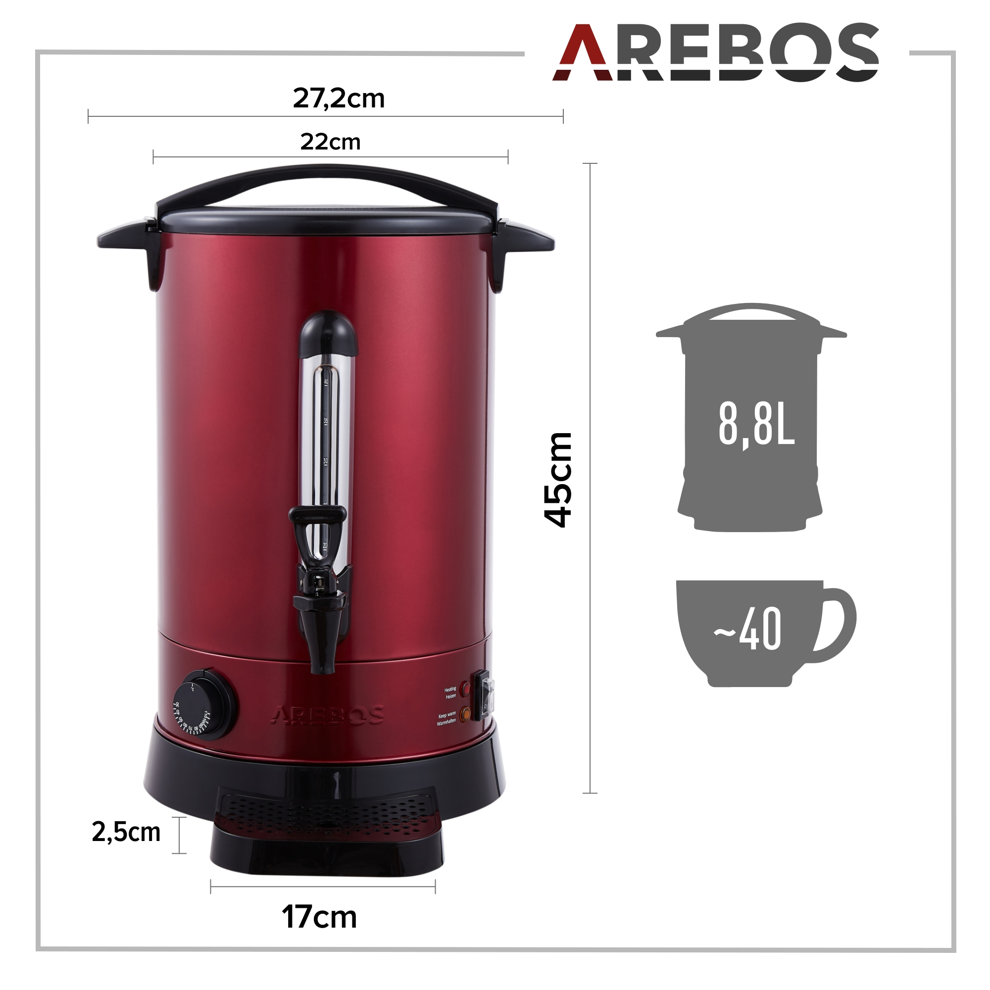 Ein rot-schwarzer Wasserkocher mit Maßangaben und einer Skizze von Tasse und Kanne.
