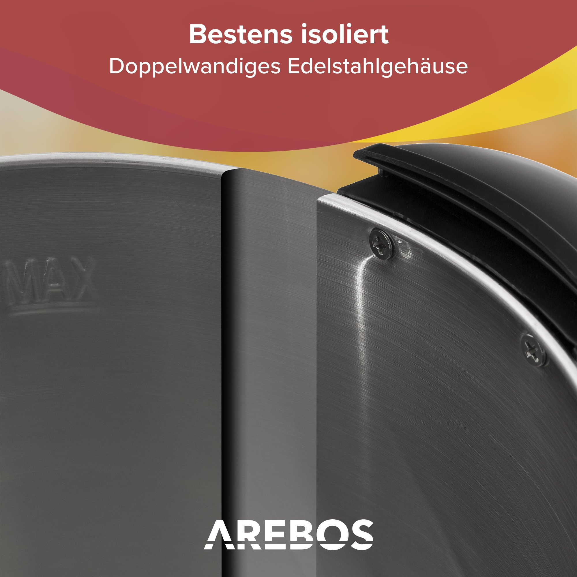 Nahaufnahme eines Edelstahl-Topfabschnitts. Text: 'Bestens isoliert' und 'AREBOS' unten.
