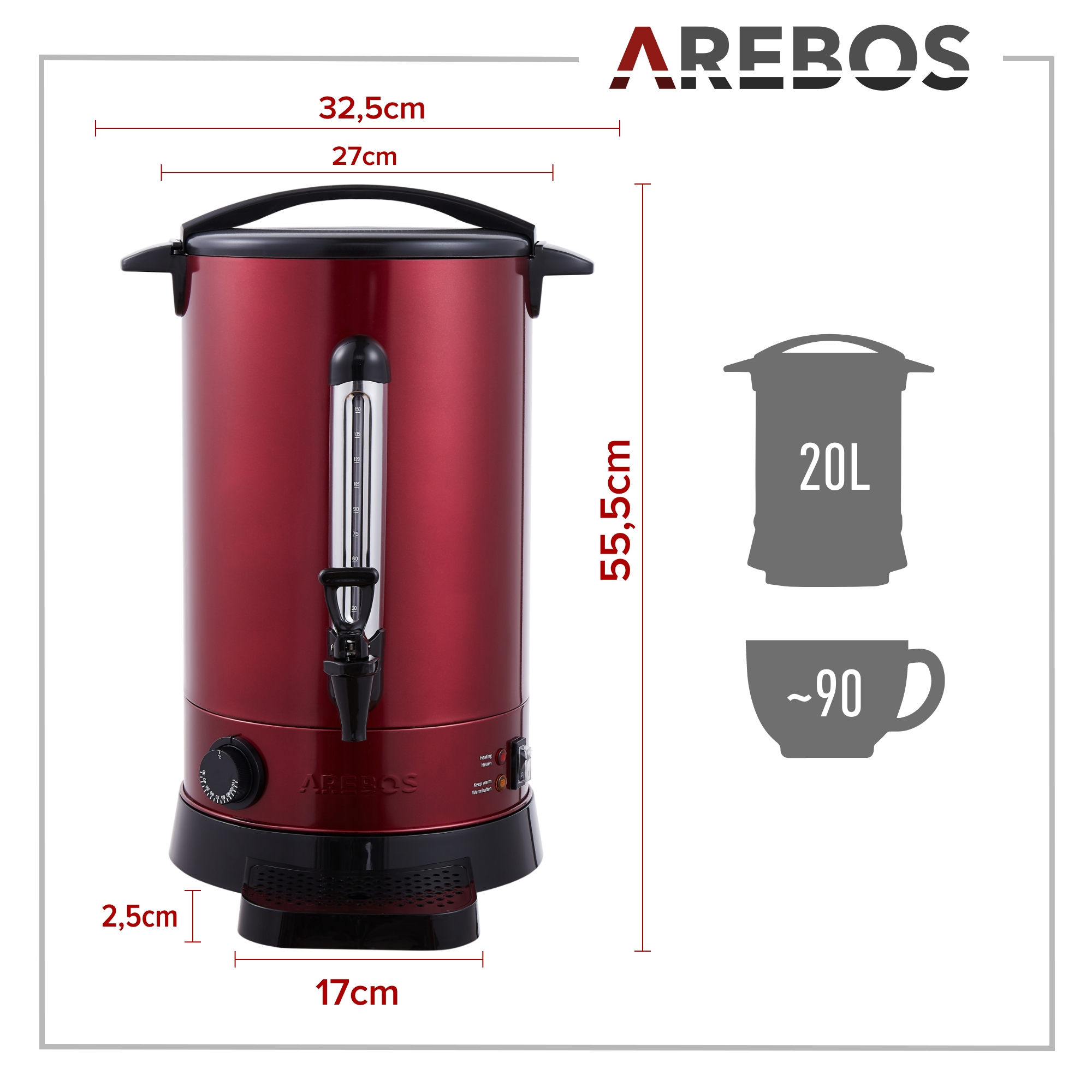 Roter AREBOS Wasserkocher mit Messungen, Tasse Grafik und 20L und 90 Tassen Label.