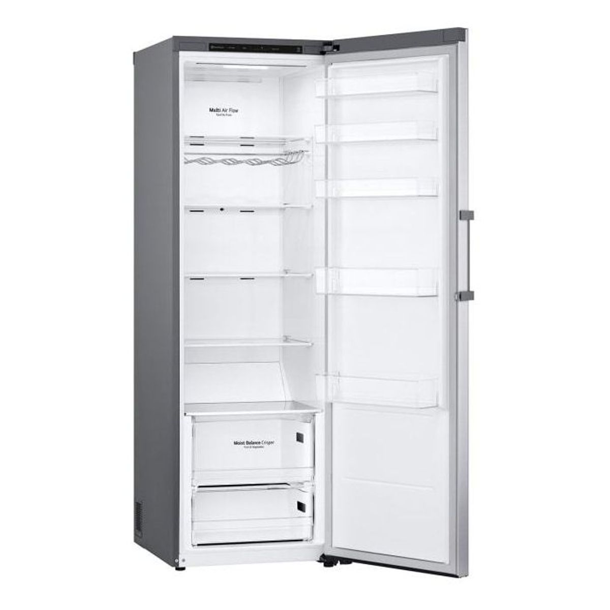 Refrigerador abierto con estantes. Se ven estantes, cajones y un botellero.