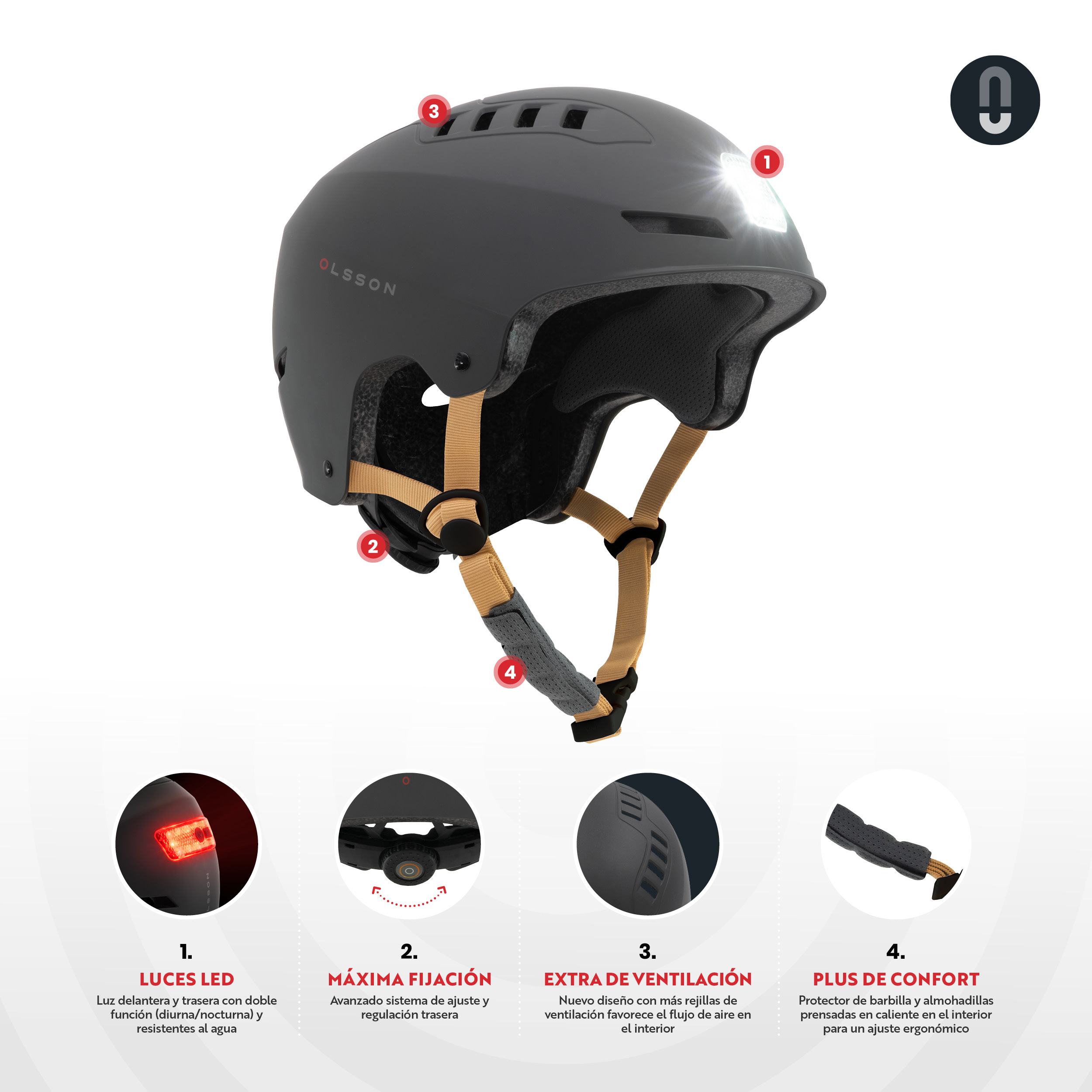 Un casco negro con luz. Detalles de los rasgos del casco, incluyendo luces LED y correas de ajuste.