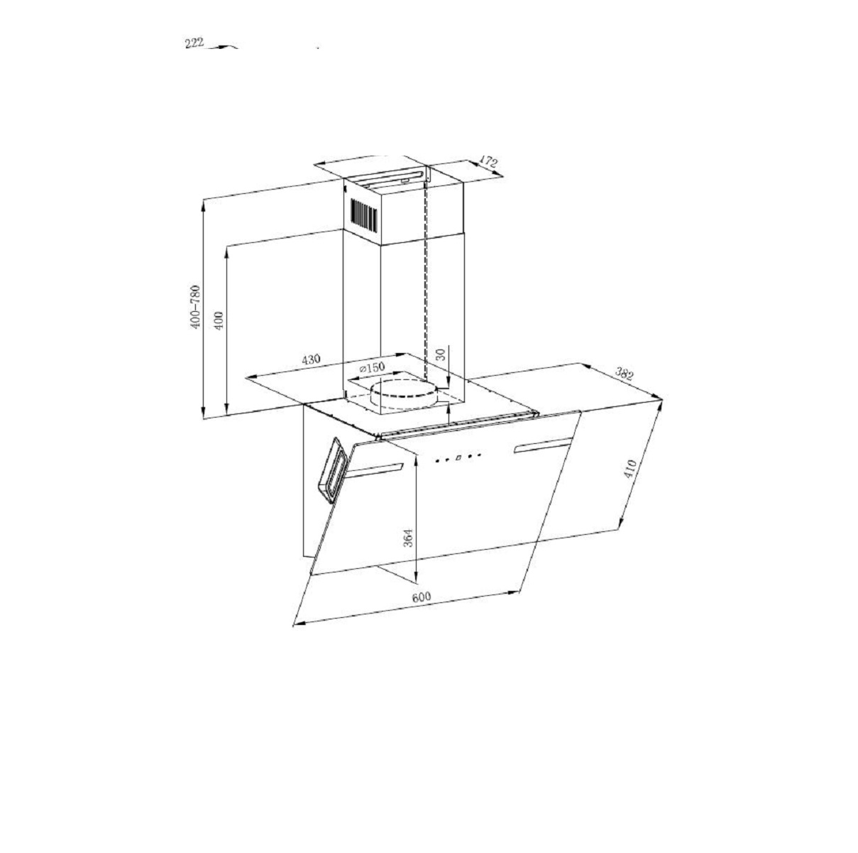 RESPEKTA CH 69060 WA+, 382 mm mm Schrägdunstabzugshaube (600 tief) breit