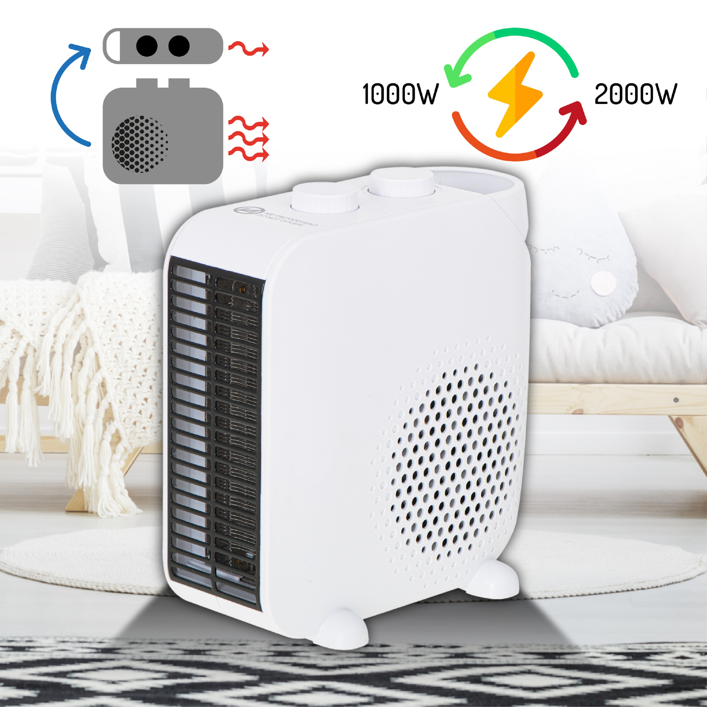 Biały grzejnik elektryczny z czarną kratką, obok łóżka, z diagramami.