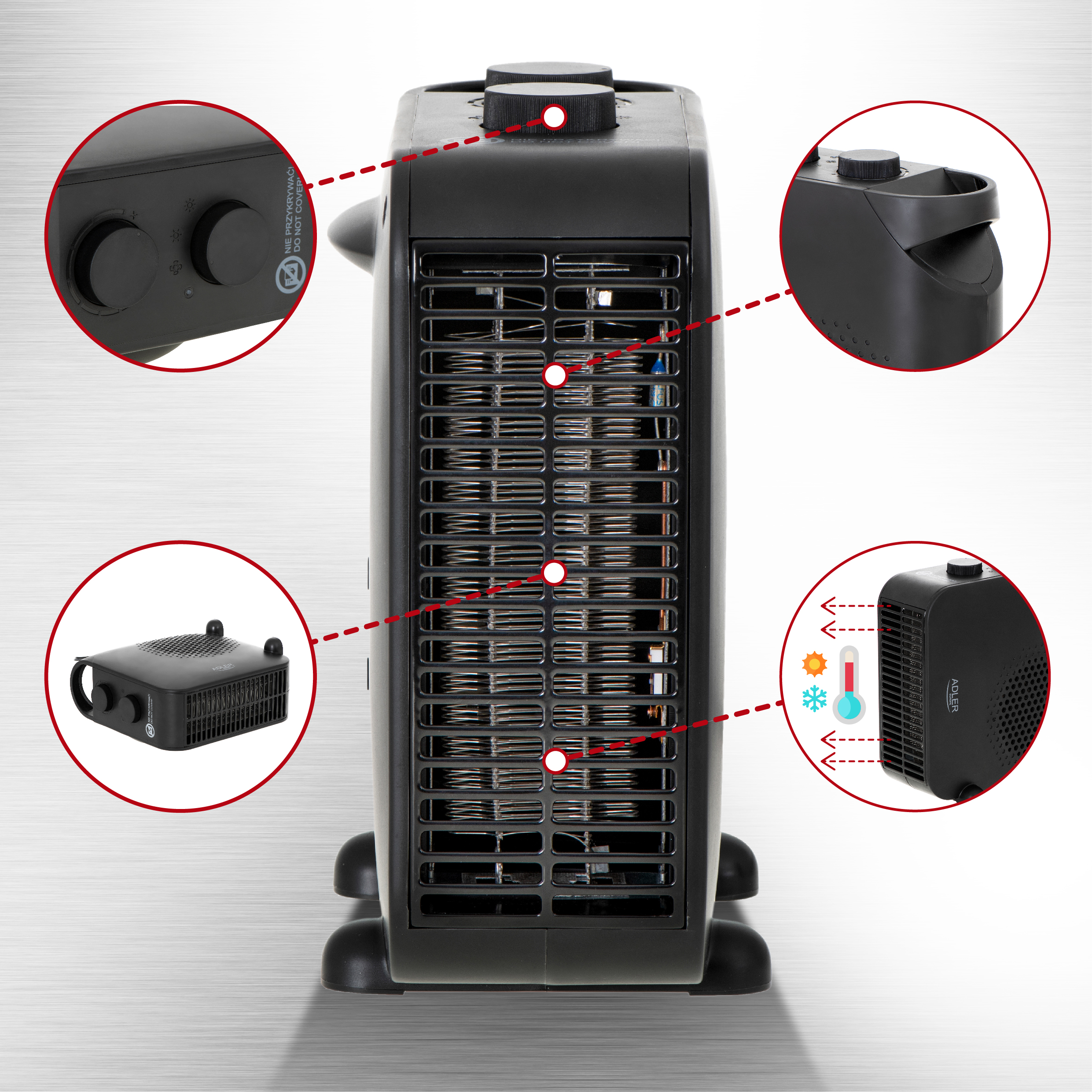 Czarny grzejnik z elementami i etykietami otoczonymi czerwoną obwódką.