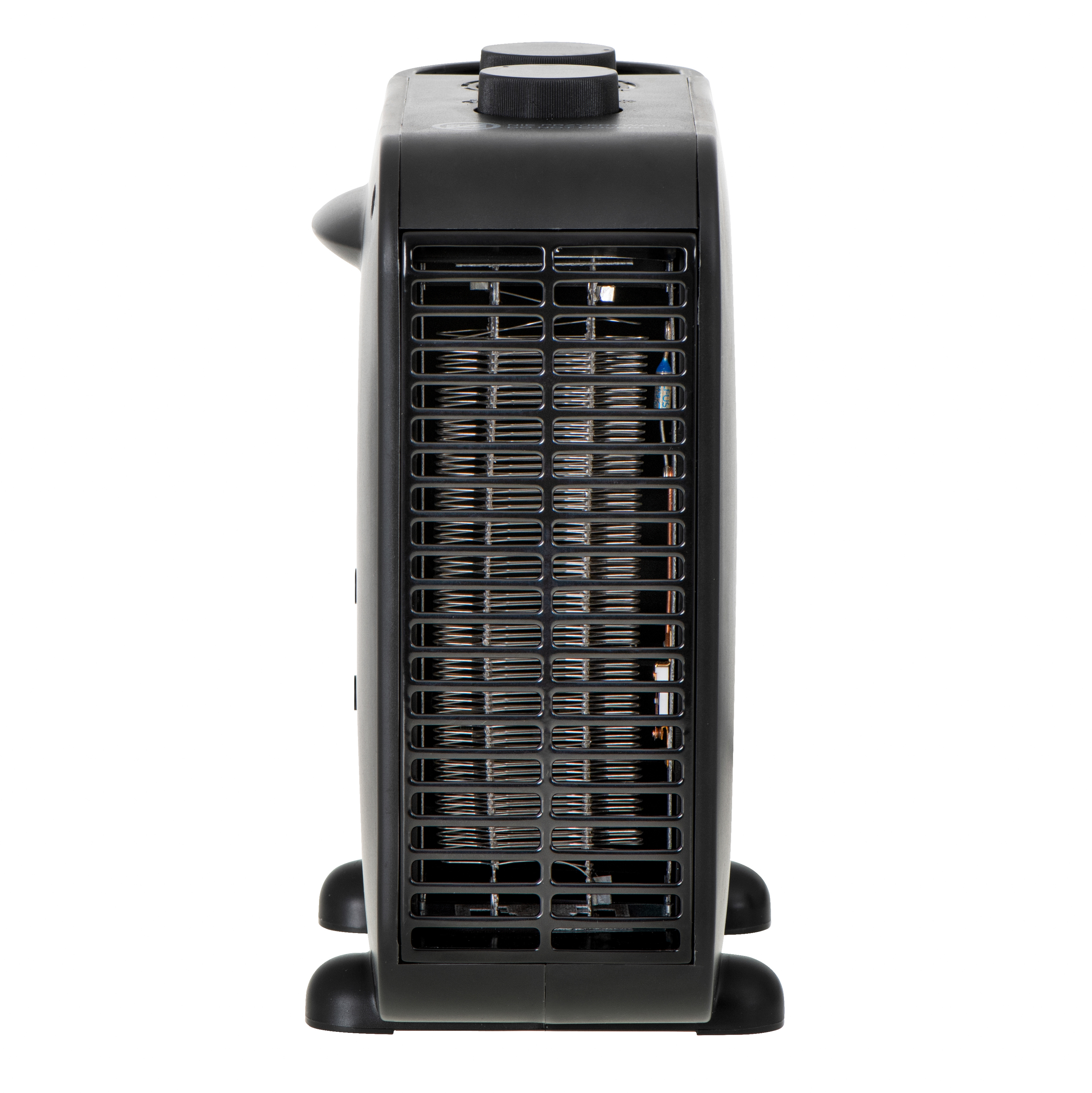 Czarny grzejnik elektryczny, widok z boku, z otworami wentylacyjnymi i kontrolkami. Dwa okrągłe pokrętła na górze. Białe tło.