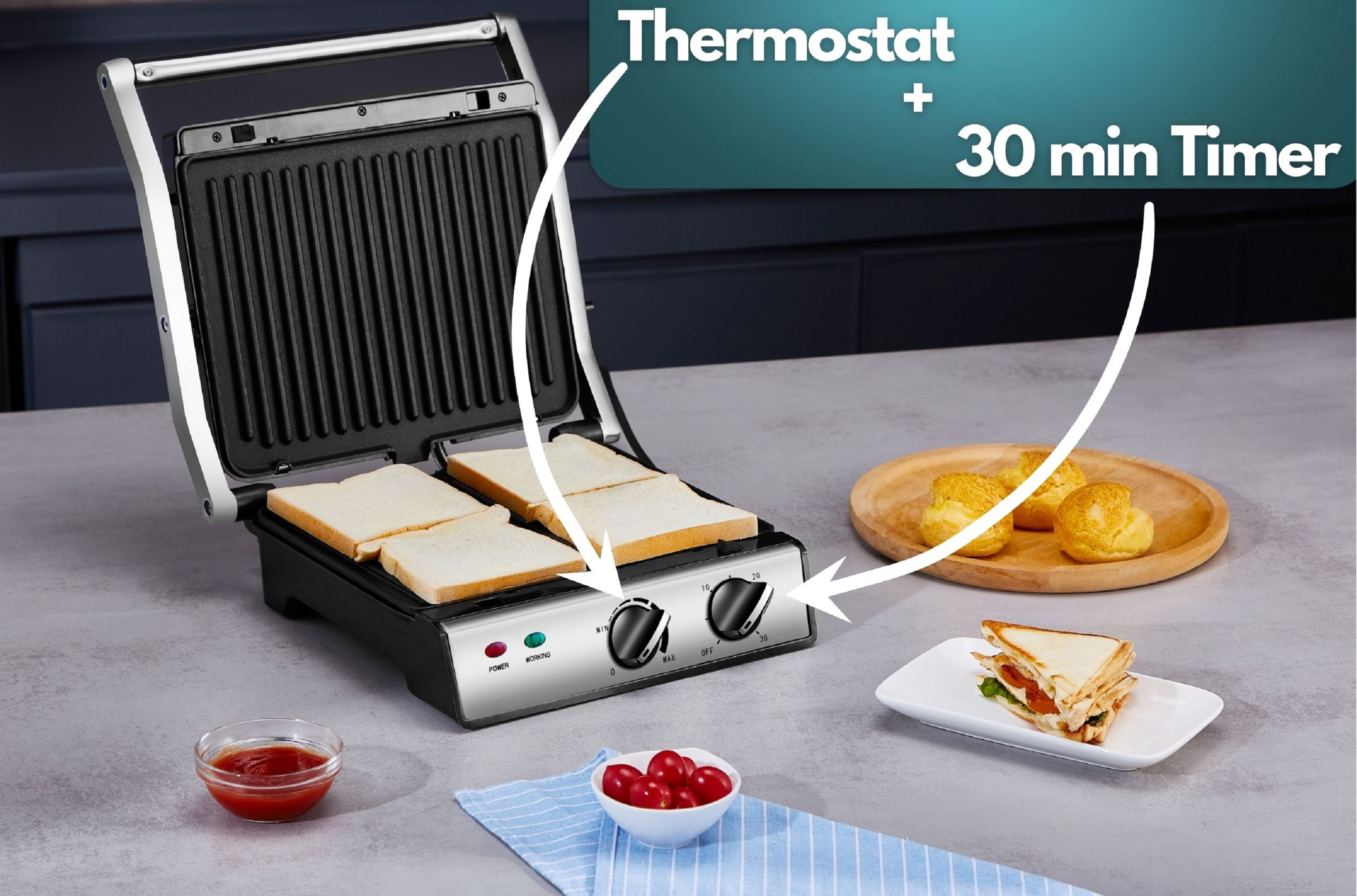 Sandwichmaker mit Sandwiches und Zutaten. Text zeigt Thermostat- und Timerfunktionen an.