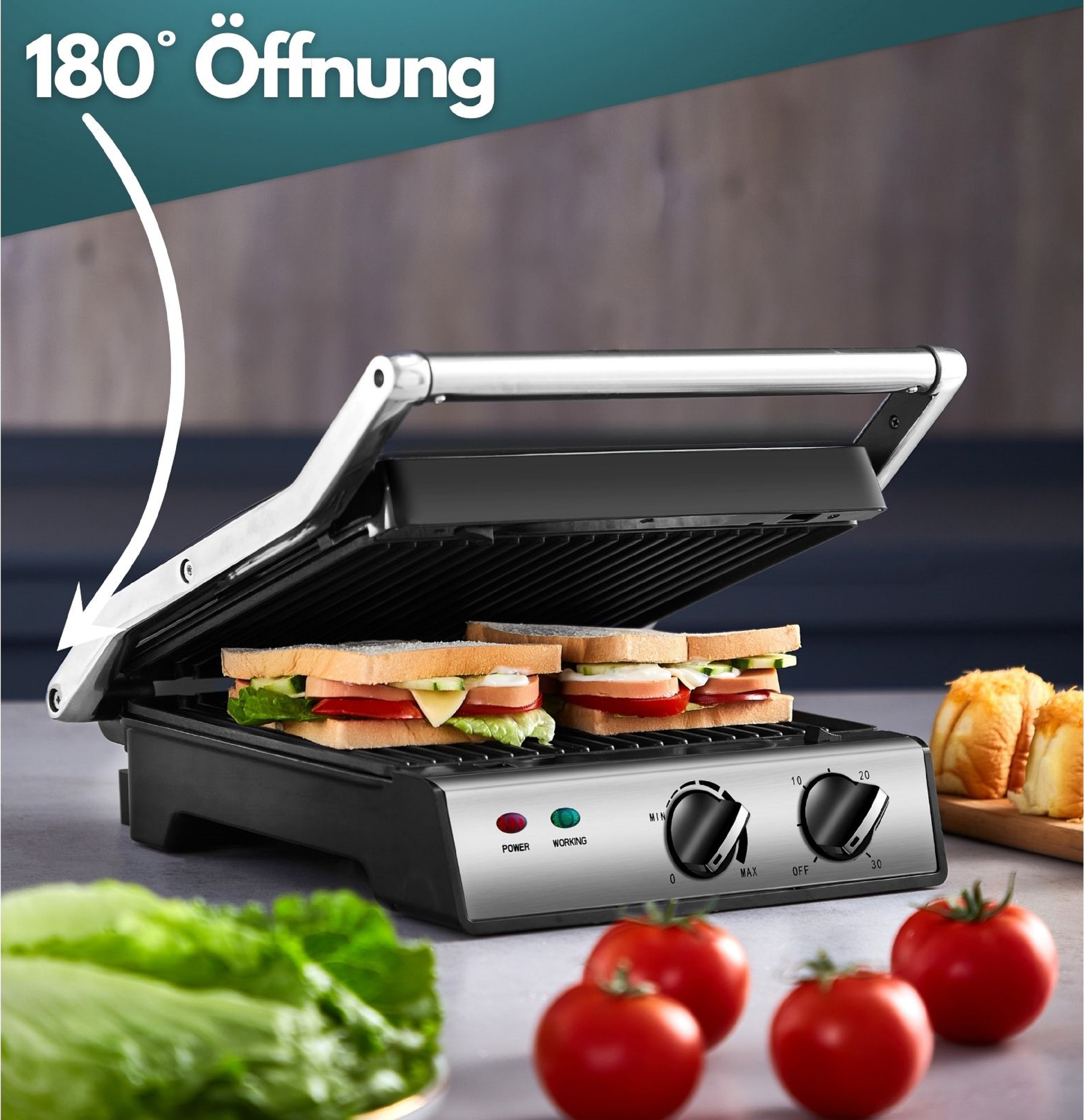 Ein Sandwichmaker mit Sandwiches, Tomaten und Salat sowie dem Text '180° Öffnung'.