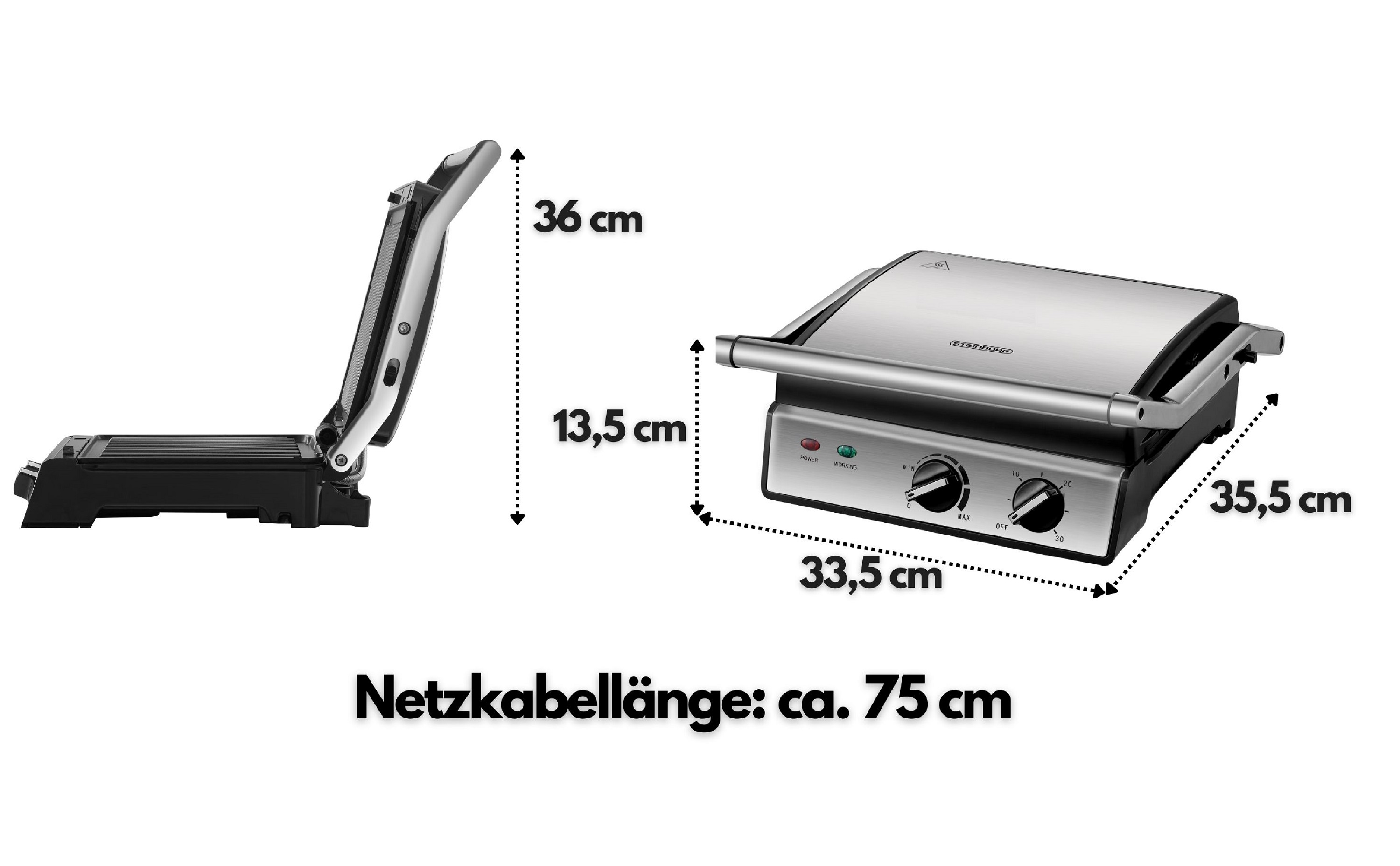 Eine Metall-Panini-Presse, geöffnet, mit in cm beschrifteten Abmessungen.