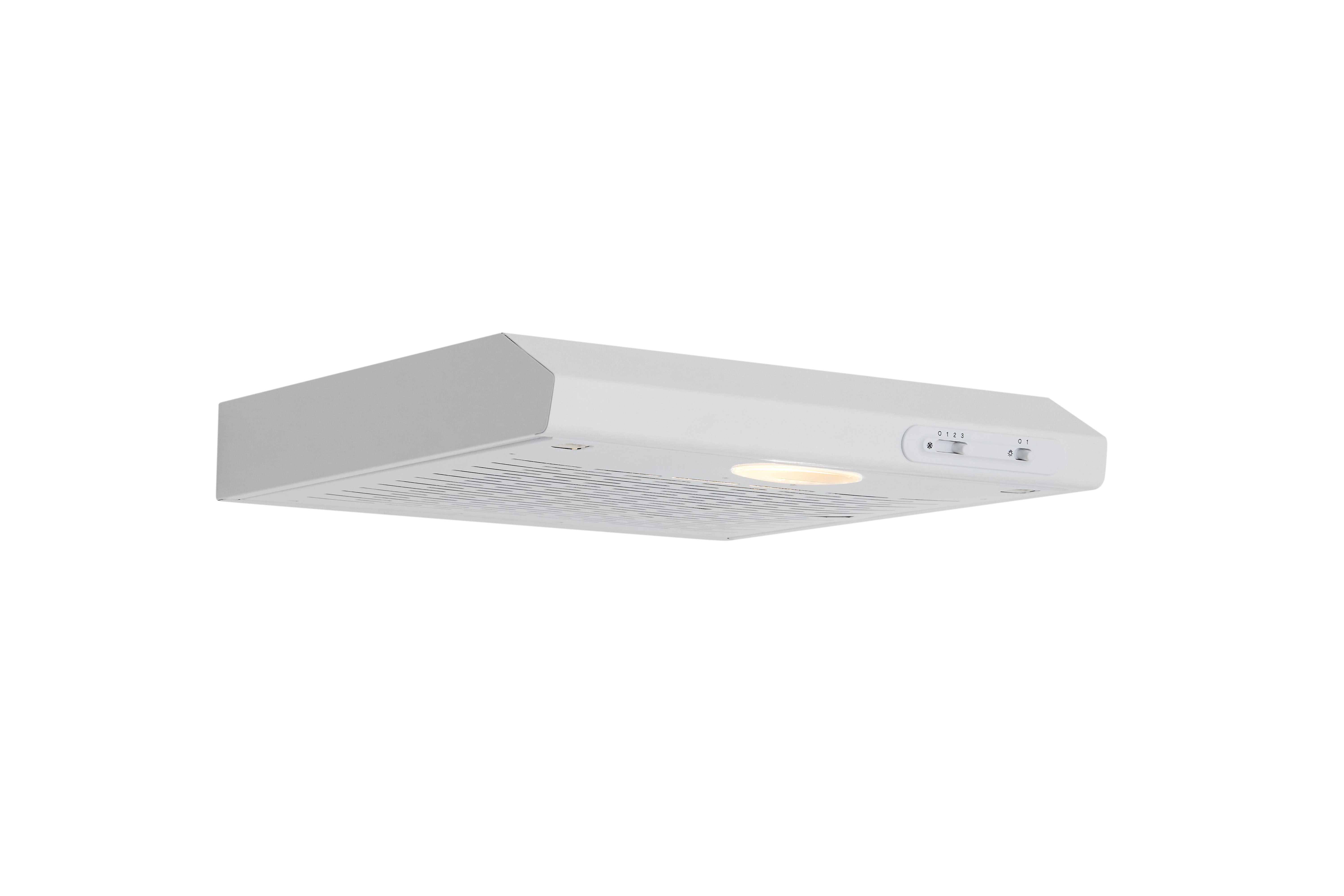 A white kitchen range hood with a light and controls. It is mounted on a white wall.