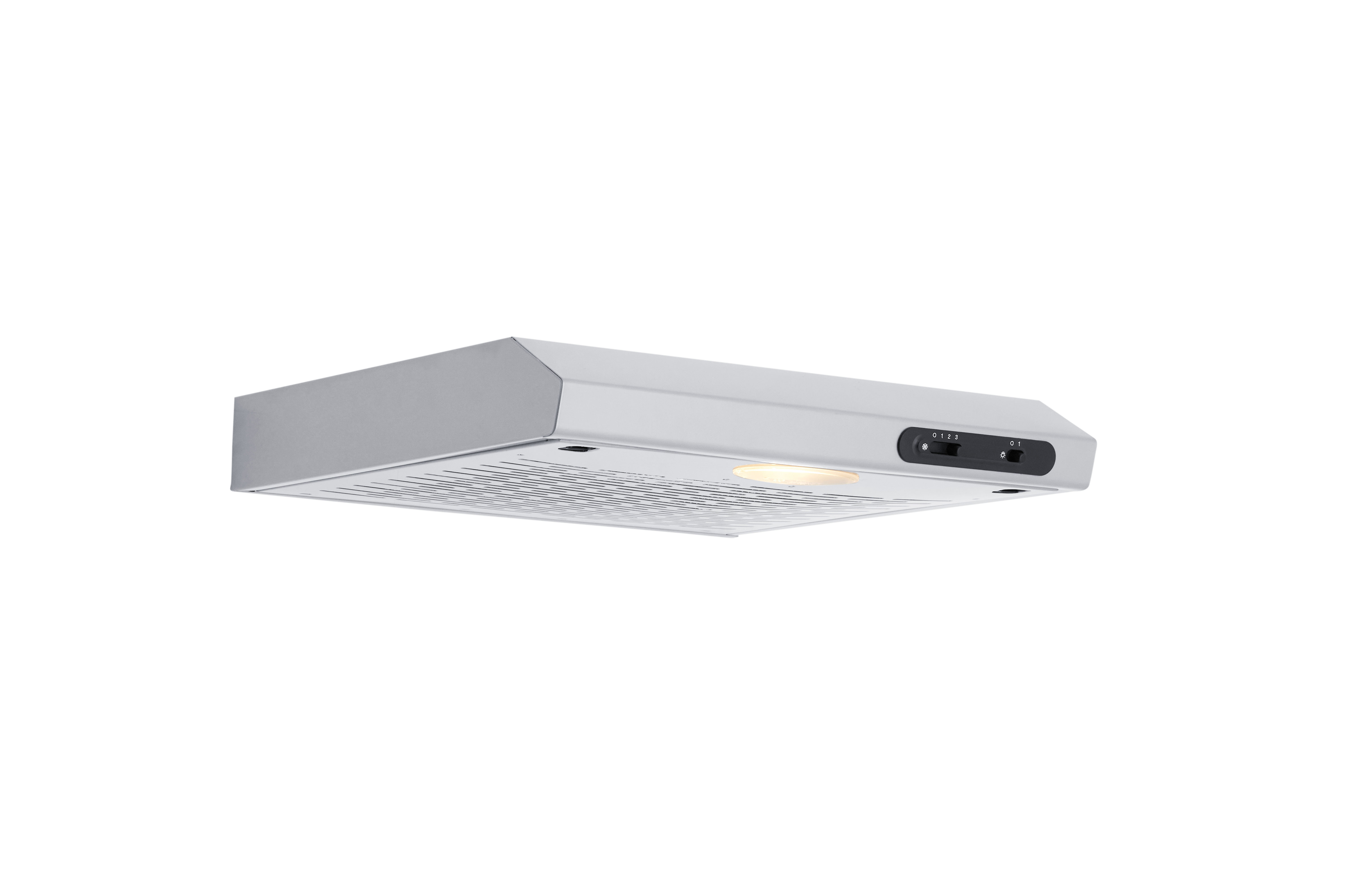 Silver range hood on a white background. Side view, light and controls visible.