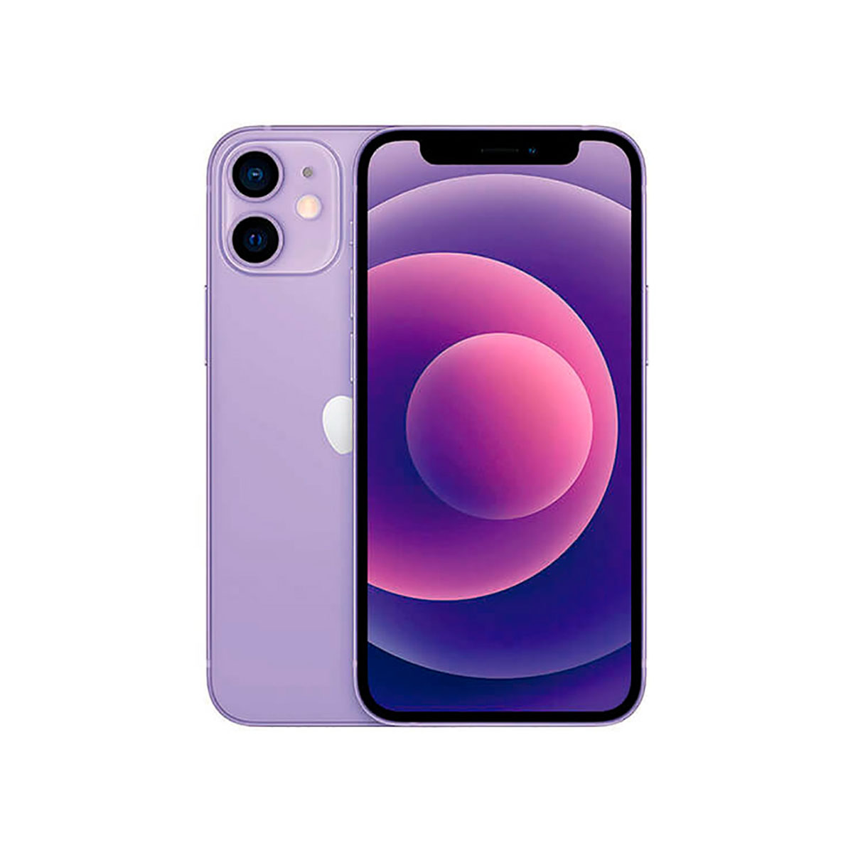 Fioletowy iPhone 12 z dwoma tylnymi aparatami i ekranem wyświetlającym fioletowe okręgi.