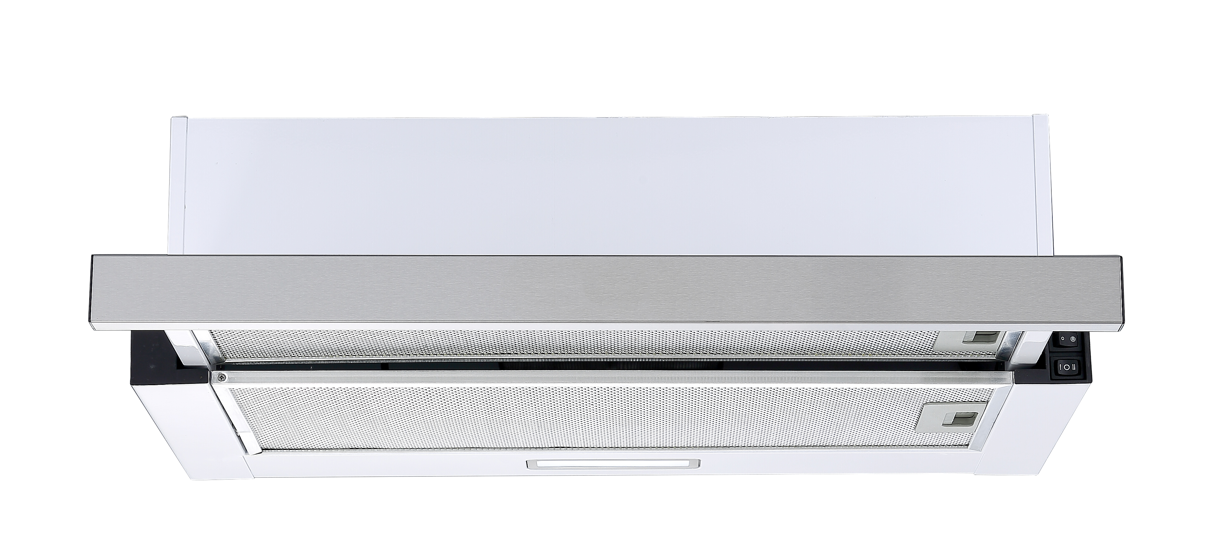 A white kitchen range hood with a stainless steel front panel. It is turned on.