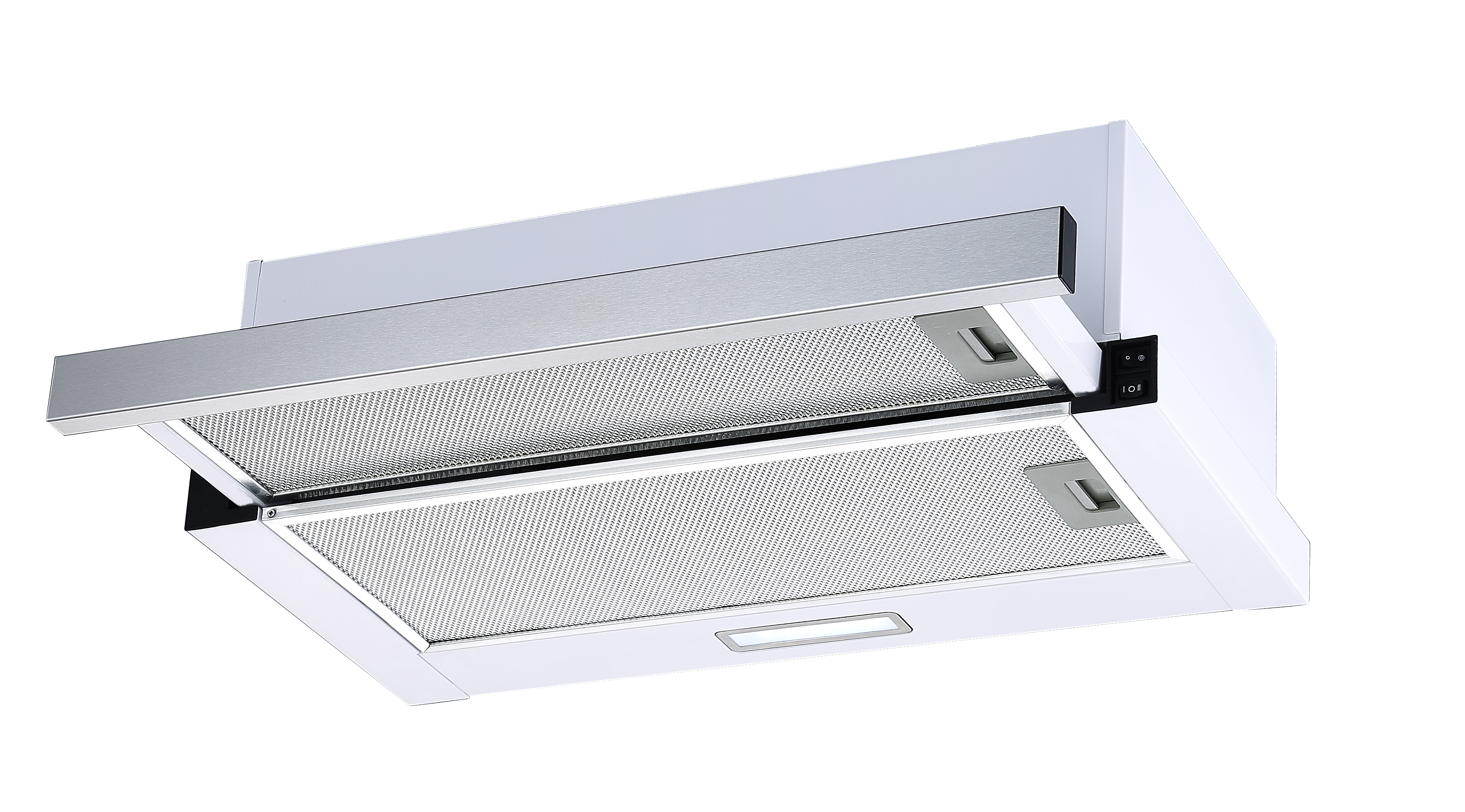 A white kitchen range hood with a stainless steel front panel. The filter is open.