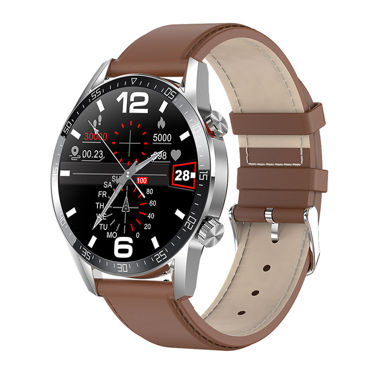 Braune Lederarmband-Smartwatch. Schwarzes Zifferblatt mit Zahlen und Daten. Weißer Hintergrund.