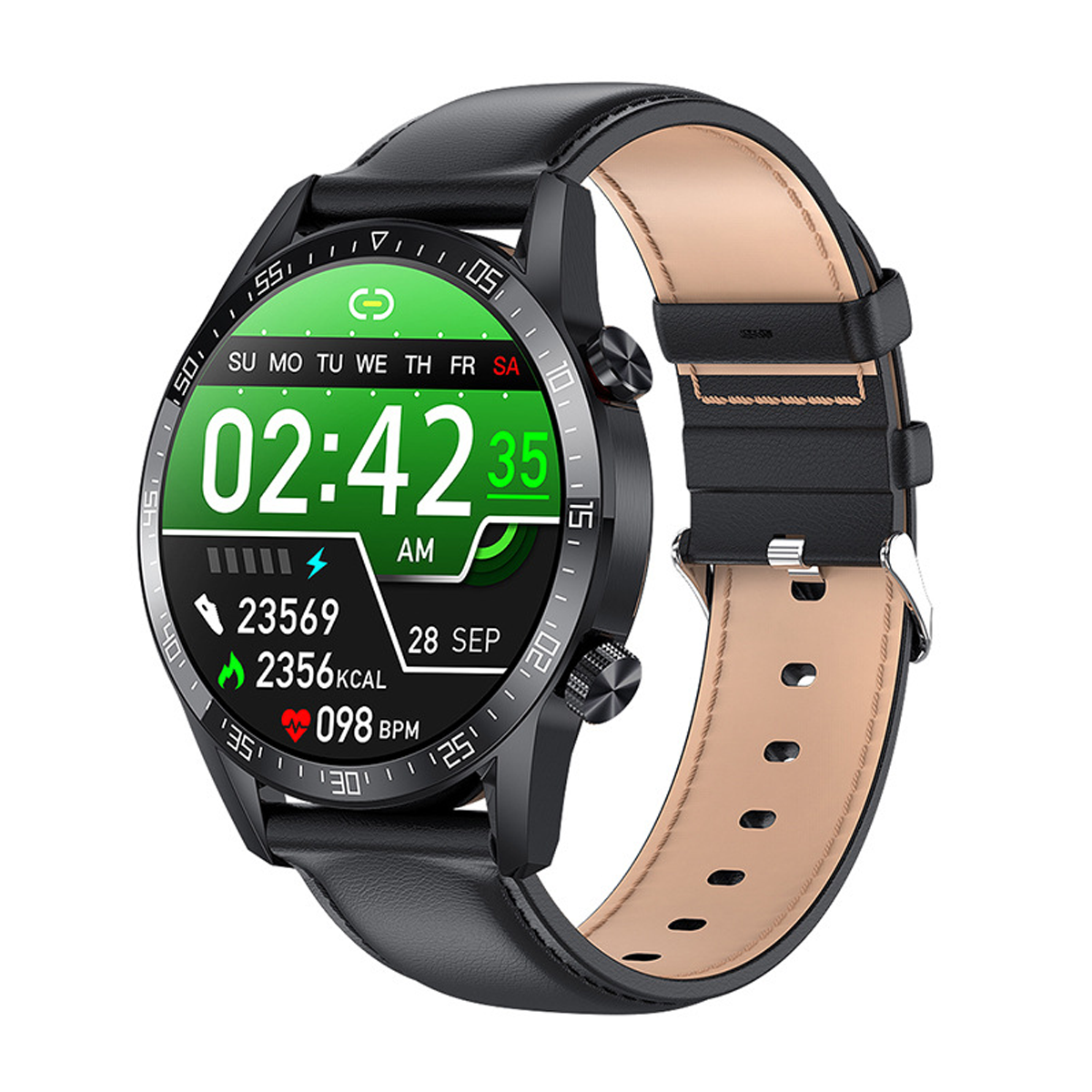 Schwarze Smartwatch mit Lederarmband und farbenfrohem Digitaldisplay.