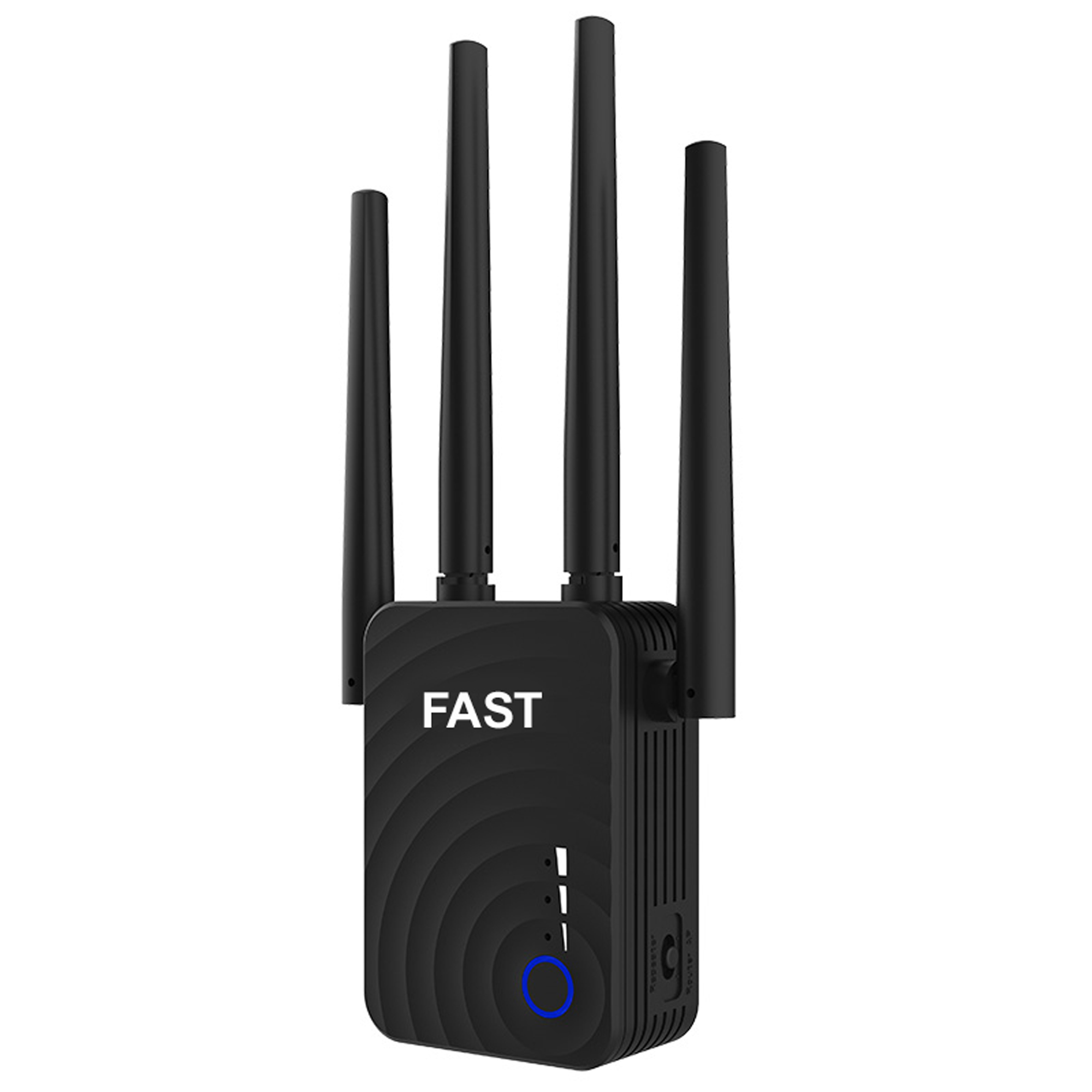 Ein schwarzer WLAN-Repeater mit vier schwarzen Antennen und dem Wort FAST darauf.