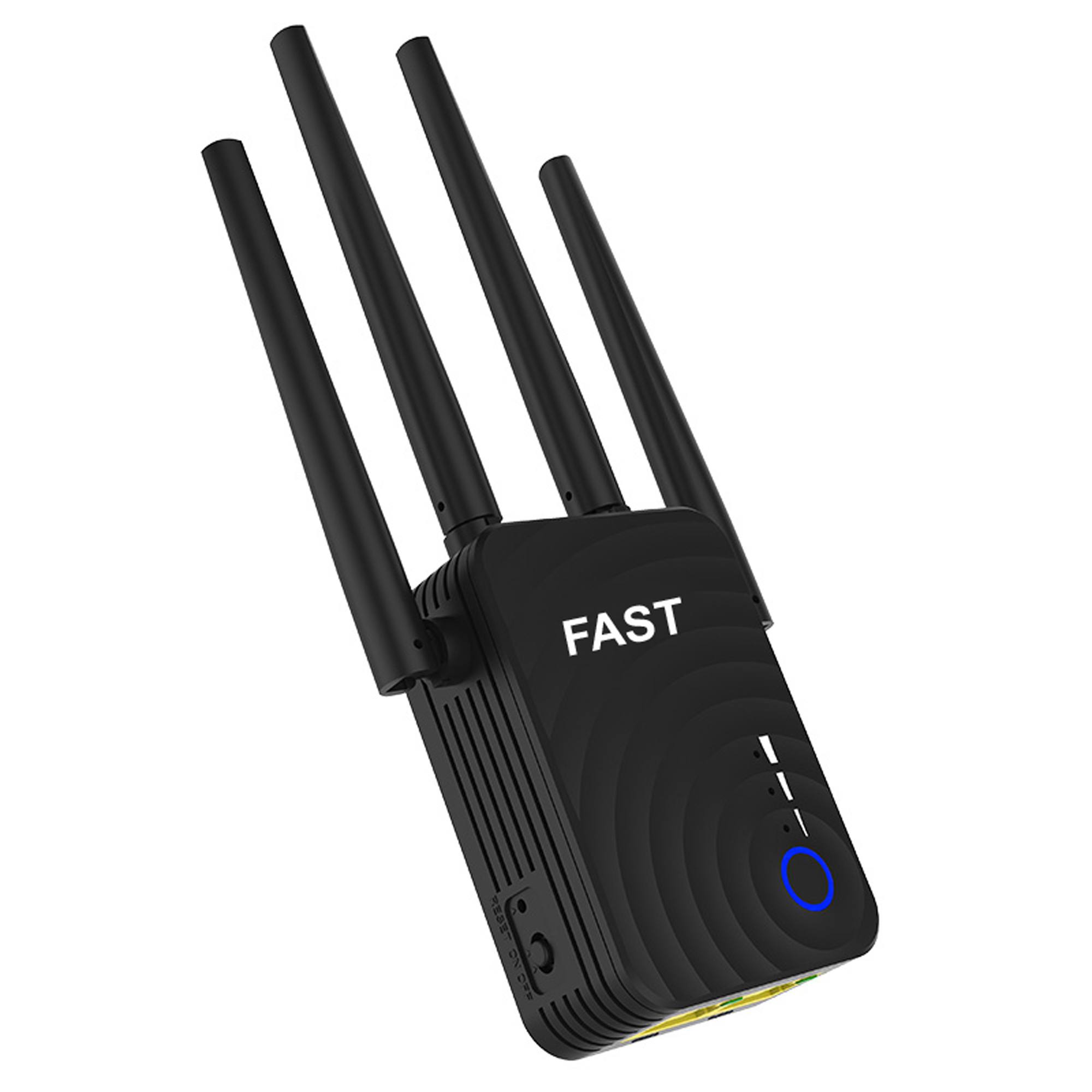 Ein schwarzer Router mit vier Antennen, das Wort "FAST" ist auf der Vorderseite des Geräts zu sehen.