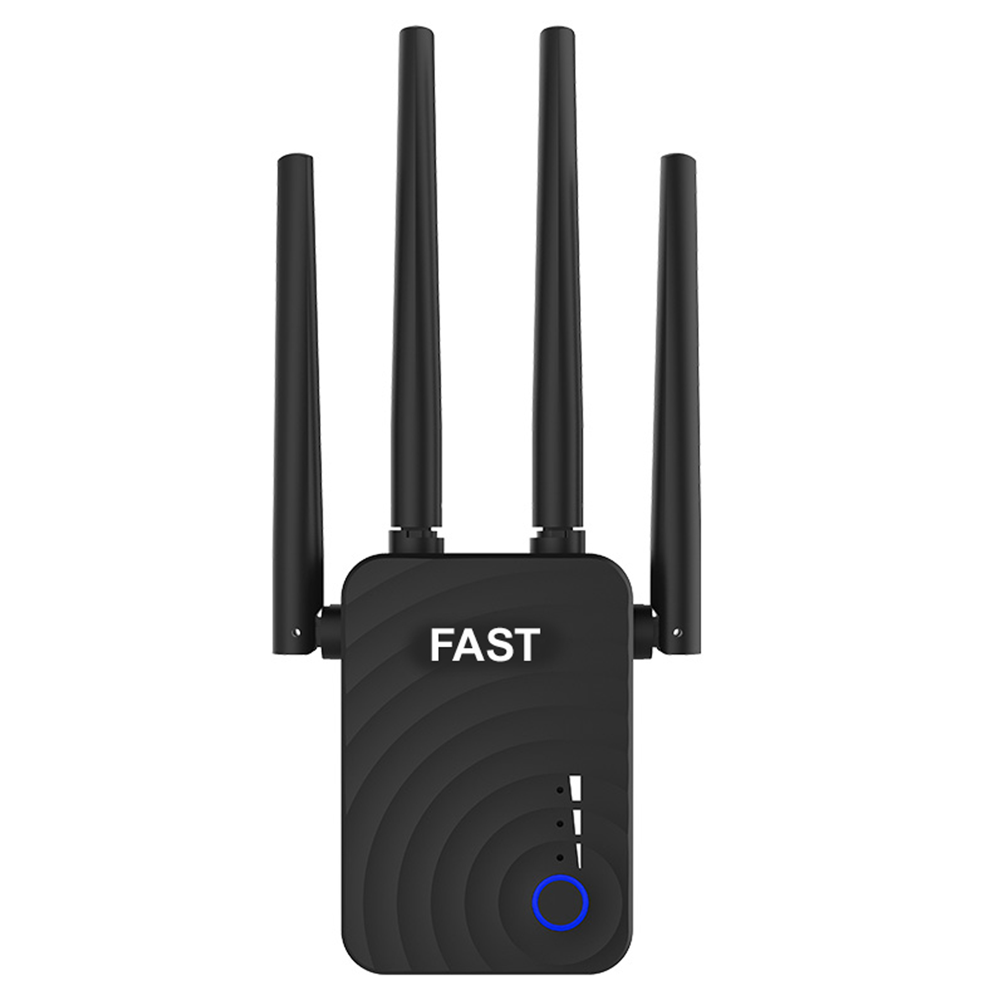 Ein schwarzer WLAN-Repeater mit Antennen. Das Wort 'FAST' steht auf dem Gerät.