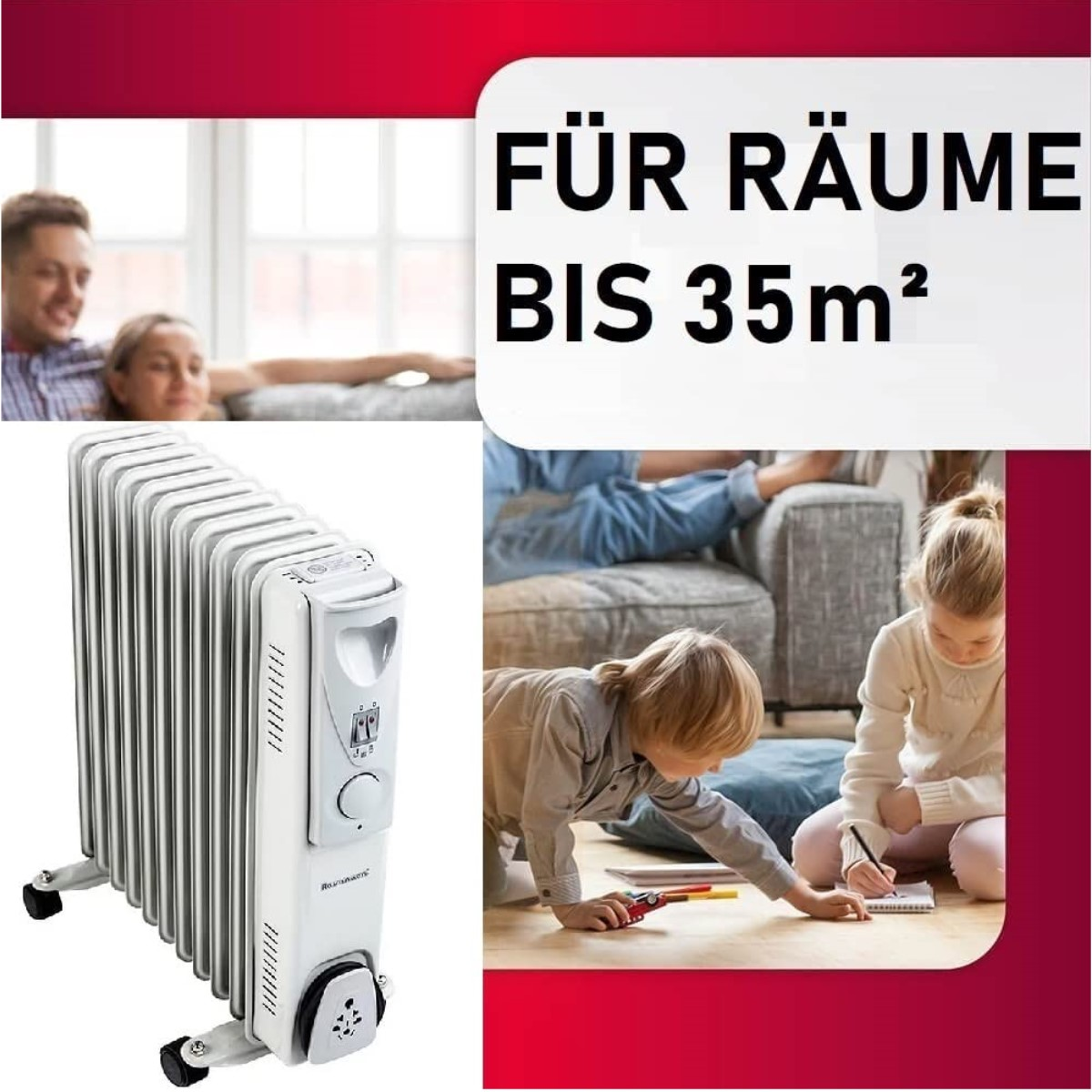 Ein Bild, das eine Heizung und Menschen in einem Wohnzimmer zeigt. Der Text lautet 'FÜR RÄUME BIS 35m²' oben.