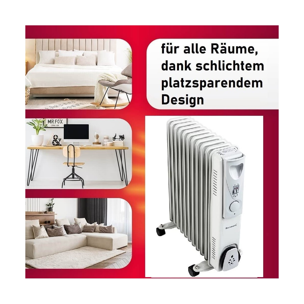 Weißer Elektroheizer vor Innenszenen, eine Textüberlagerung.