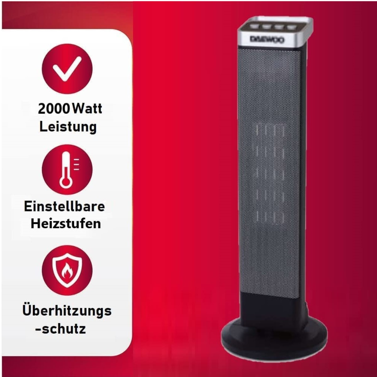 Ein Daewoo-Heizgerät mit Sicherheitsmerkmalen und Informationen zur Energieeffizienz.