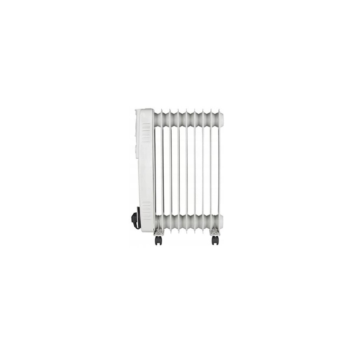 Weißer Ölradiator mit mehreren Lamellen. Er hat Räder und einen weißen Hintergrund.