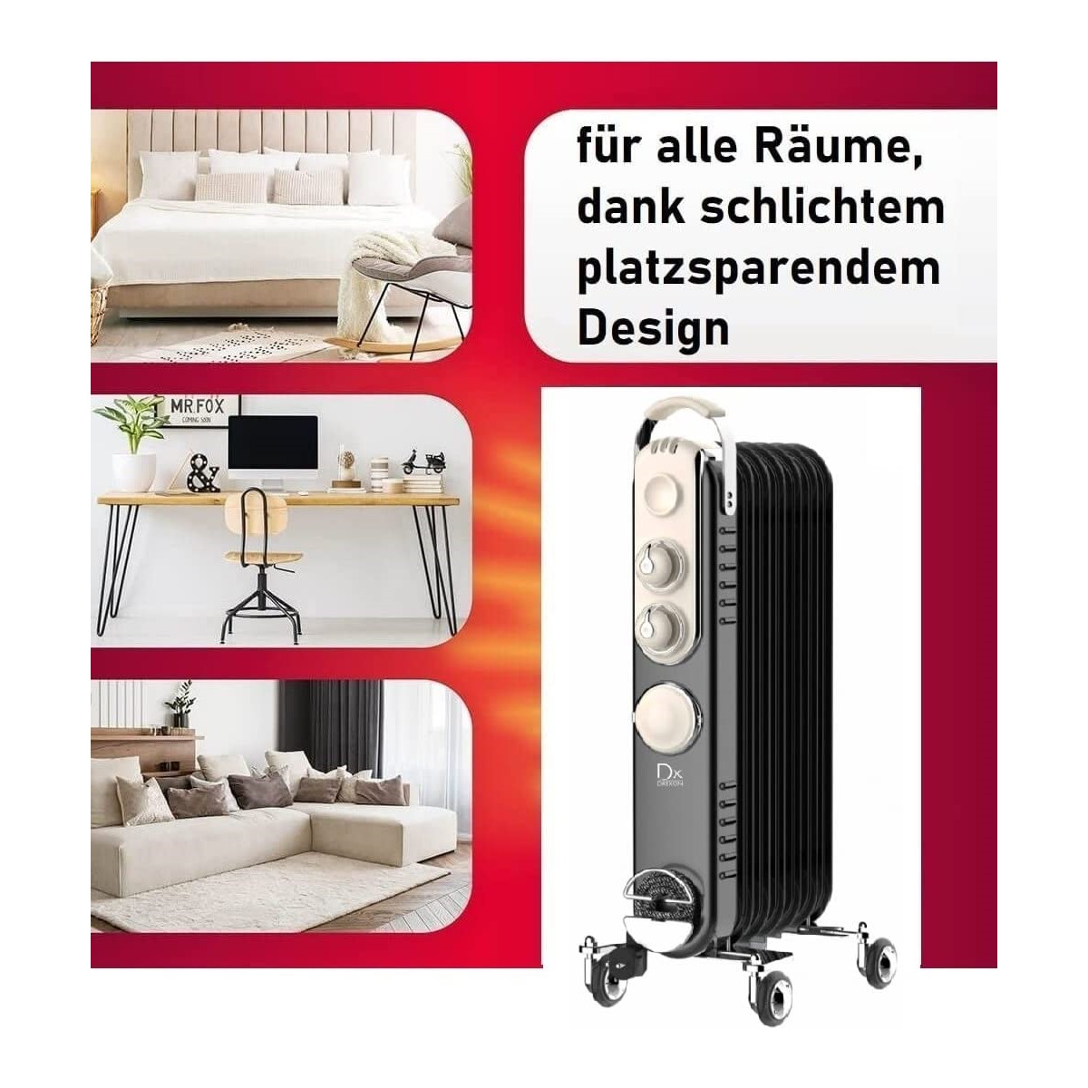 Ein schwarzer und silberner Heizlüfter mit Rädern neben Bildern verschiedener Räume. Text rechts.