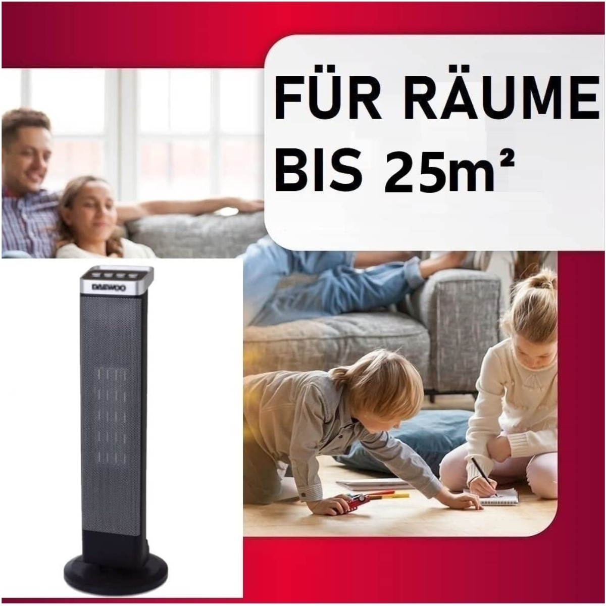 Familie im Wohnzimmer, Daewoo-Heizung, spielende Kinder. Text sagt, für Räume bis 25m².