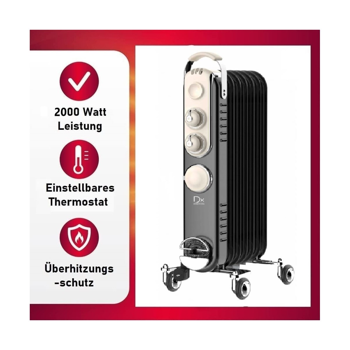 Schwarzer Ölradiator mit einstellbarem Thermostat und Sicherheitsmerkmalen.
