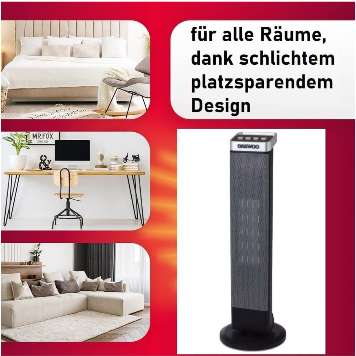 Ein Werbebild. Es zeigt ein Bett, einen Schreibtisch und ein Sofa mit einem Heizgerät in der Ecke. Text auf Deutsch.