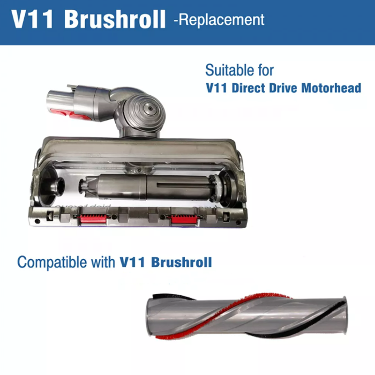 Wymiana szczotki do odkurzacza. Pokazano wałek szczotki i głowicę silnika. Kompatybilny z V11.