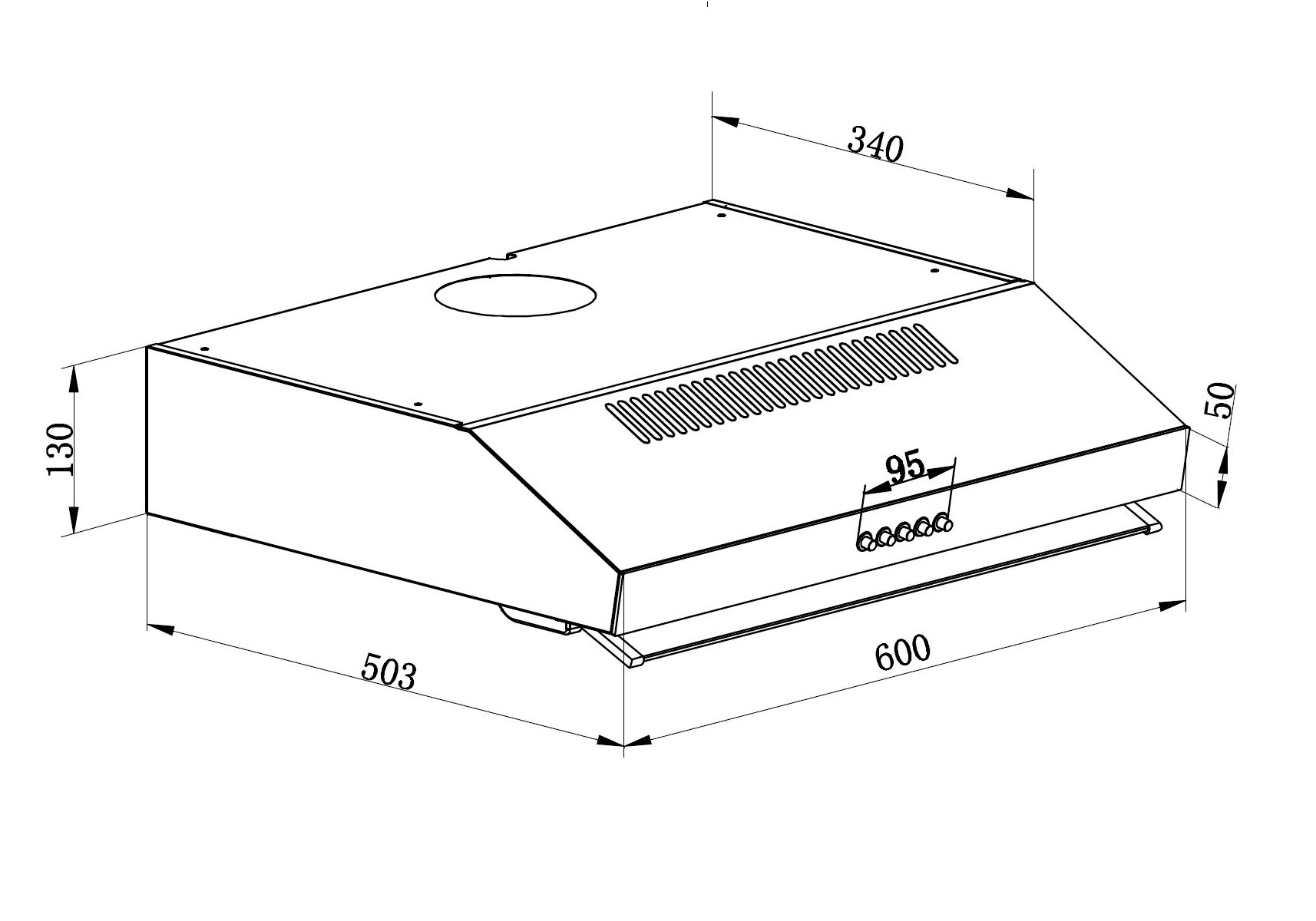 Ein Diagramm einer Dunstabzugshaube mit Abmessungen in Millimetern. Die Haube ist silberfarben.
