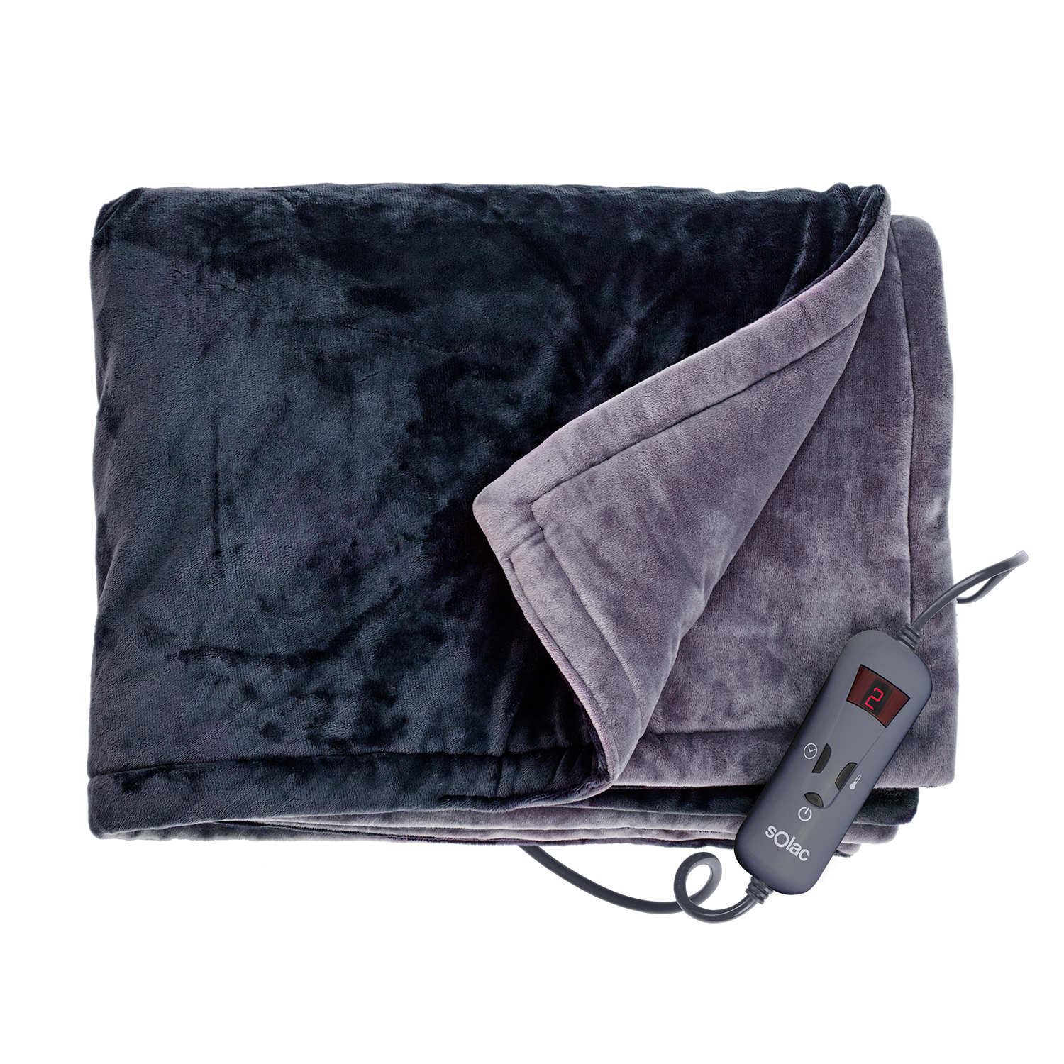 Czarno-szary koc elektryczny. Jest złożony i ma kontroler z przyciskami.