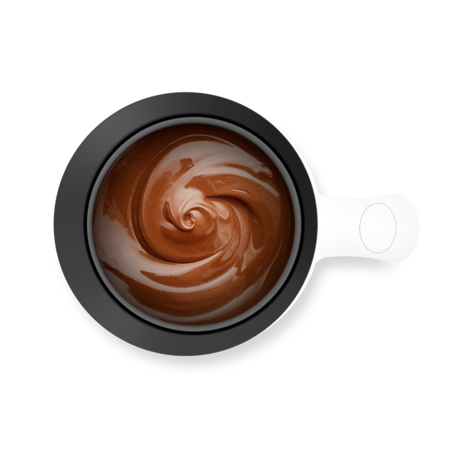 Vista superior de una taza de chocolate. El chocolate tiene un patrón en espiral en el centro.