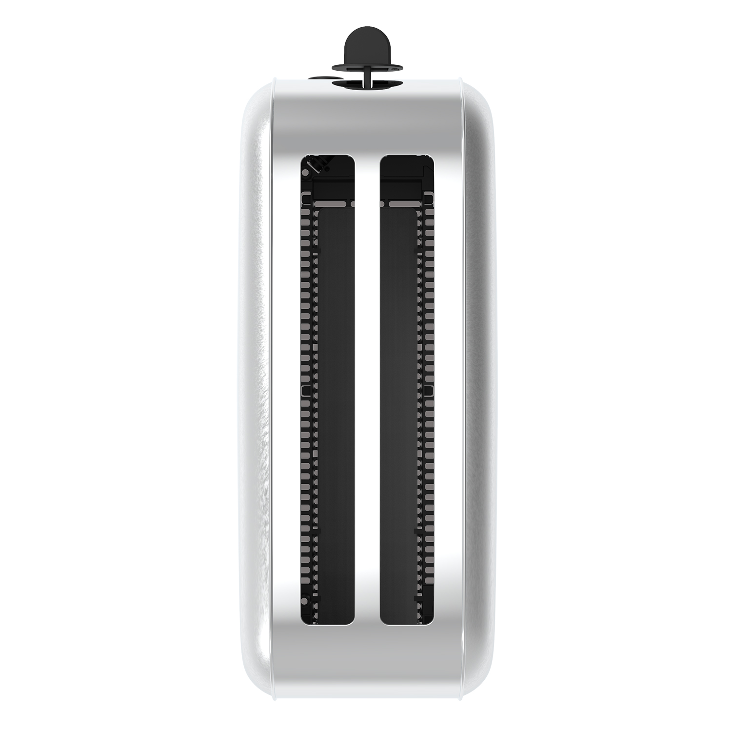 Srebrny toster z dwoma otworami i czarną dźwignią. Na białym tle.