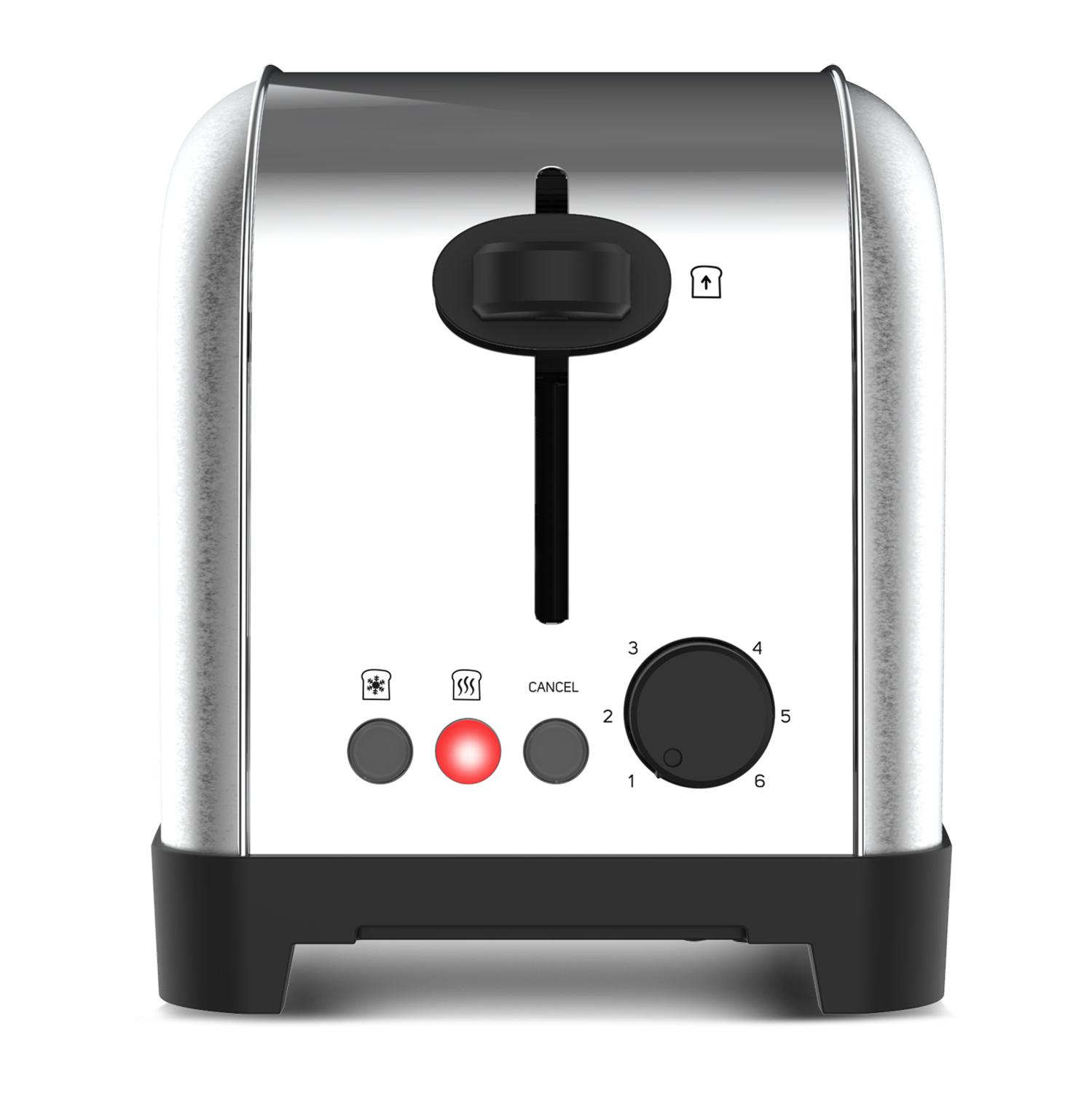 Srebrno-czarny toster z czerwonym przyciskiem i pokrętłem od 1 do 6.