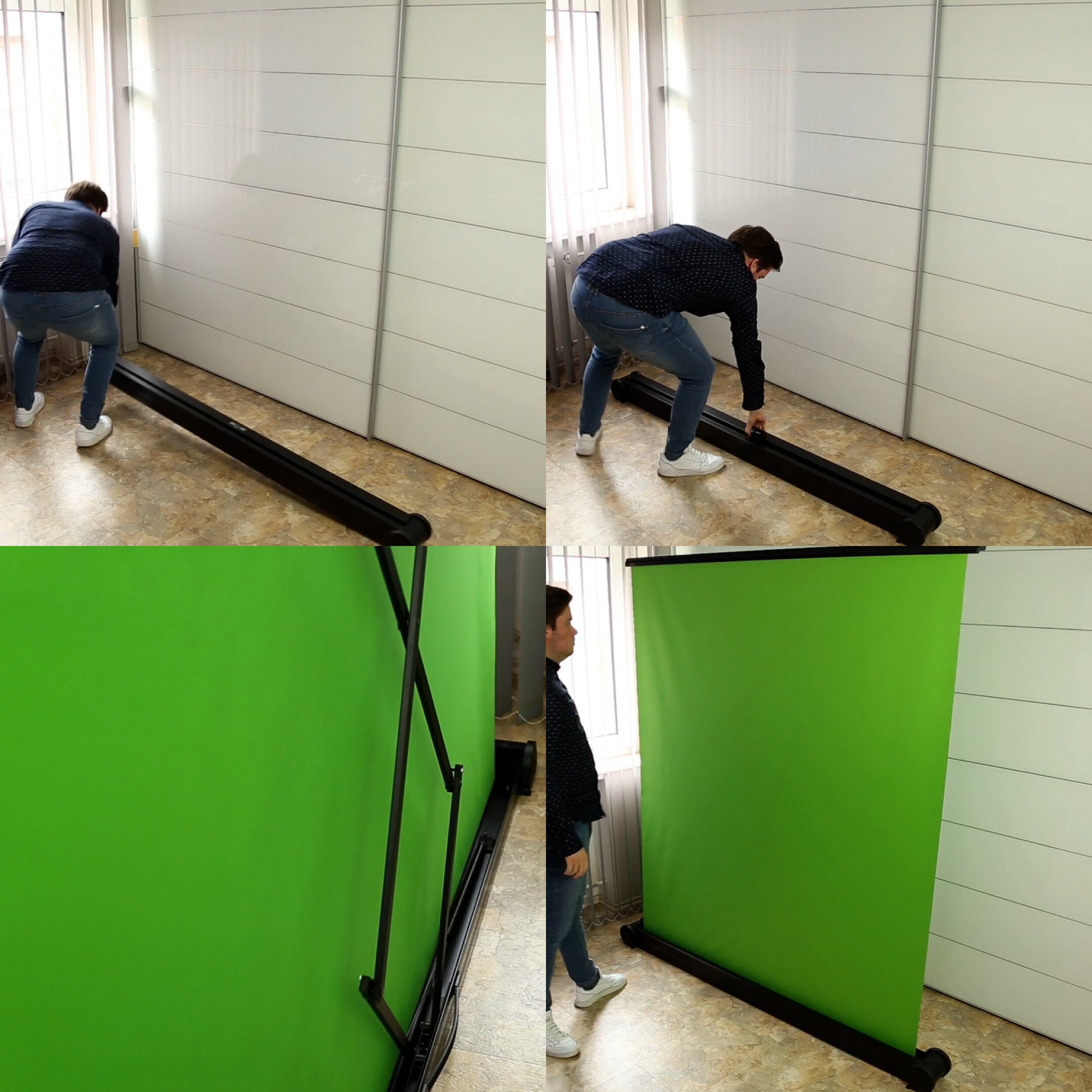 Una persona montando una pantalla verde con un marco negro y paredes blancas al fondo.