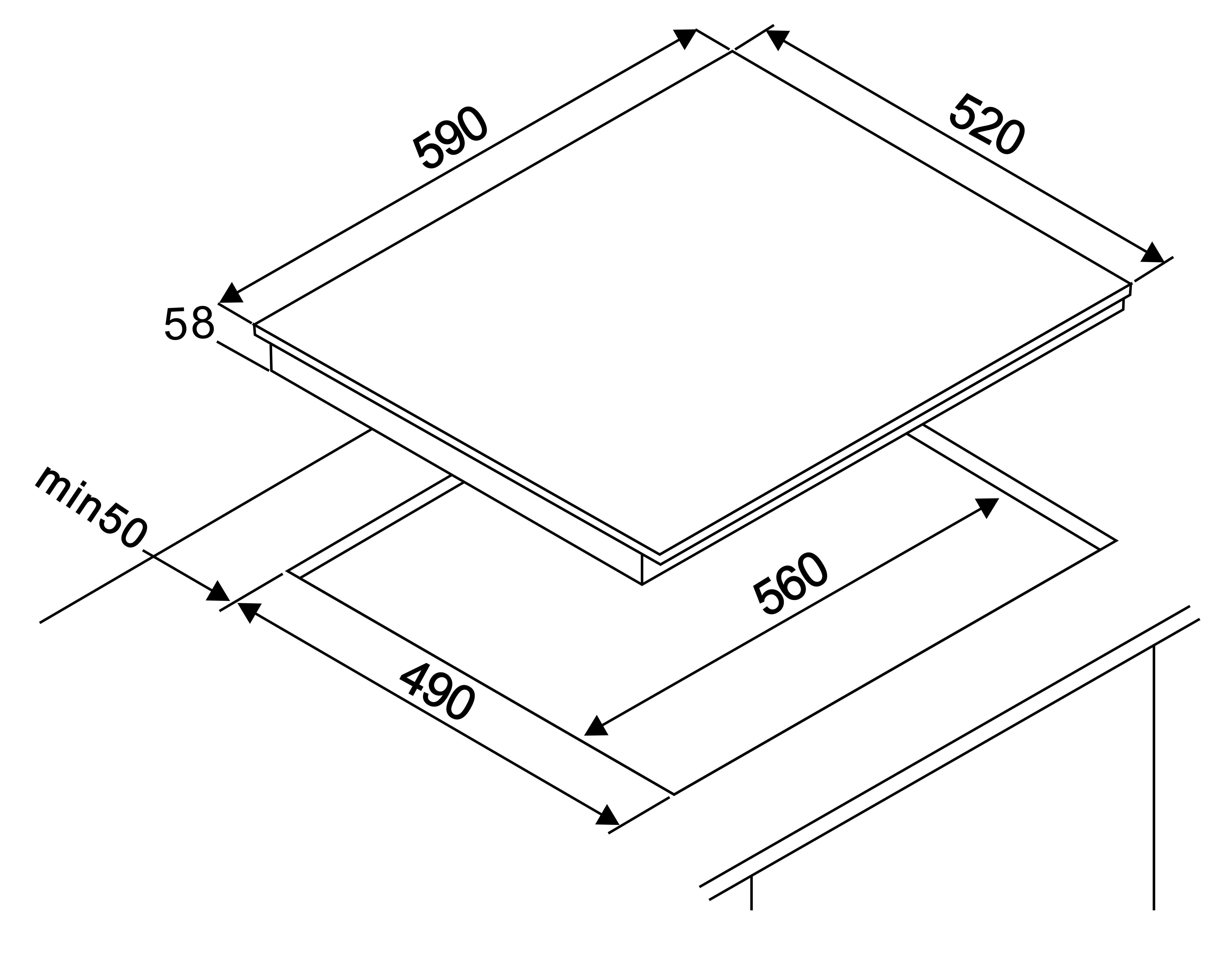 Een diagram met afmetingen van een rechthoekige kookplaat. De kookplaat is wit, met zwarte lijnen en getallen.