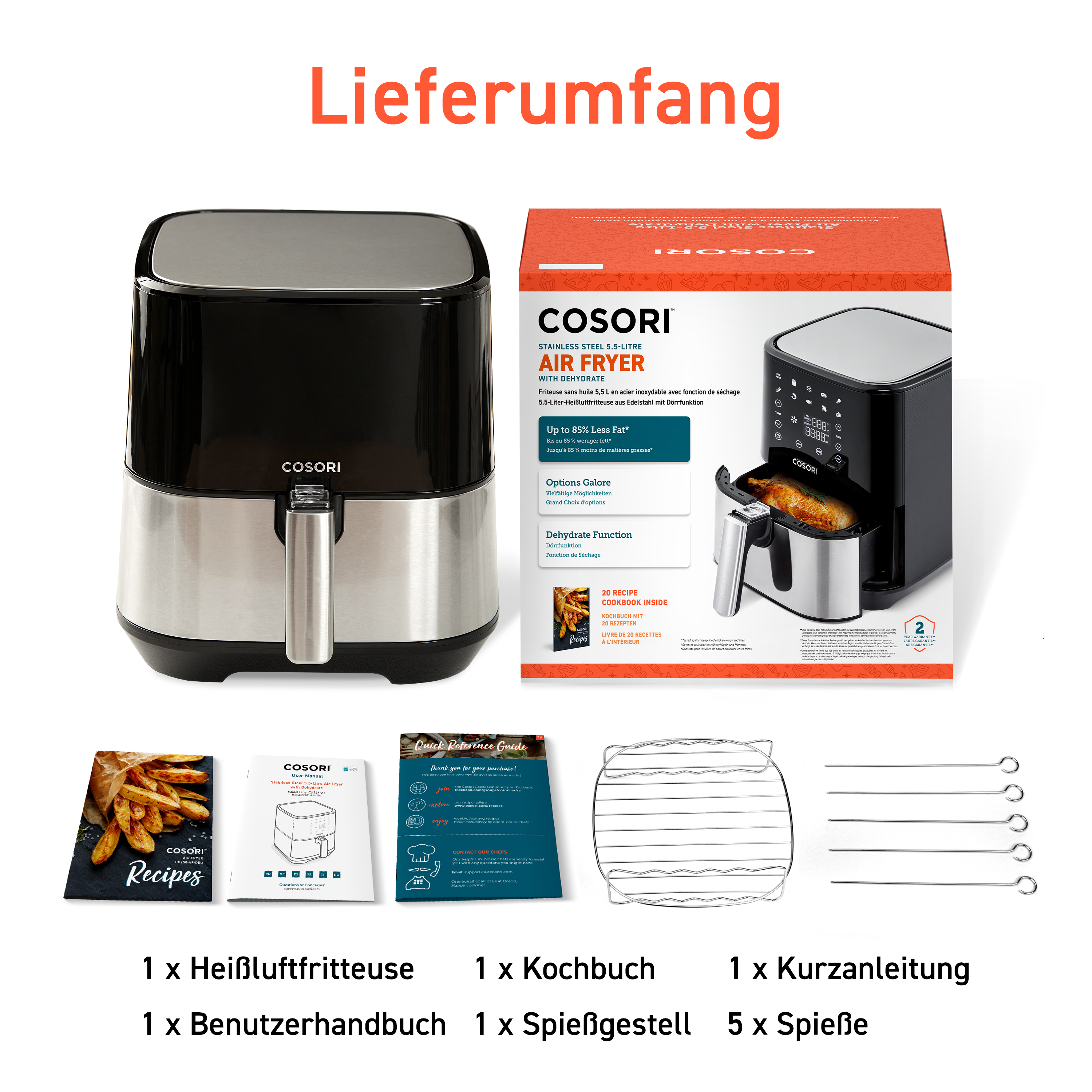 Freidora de aire y accesorios, incluyendo libros de recetas y utensilios de cocina.