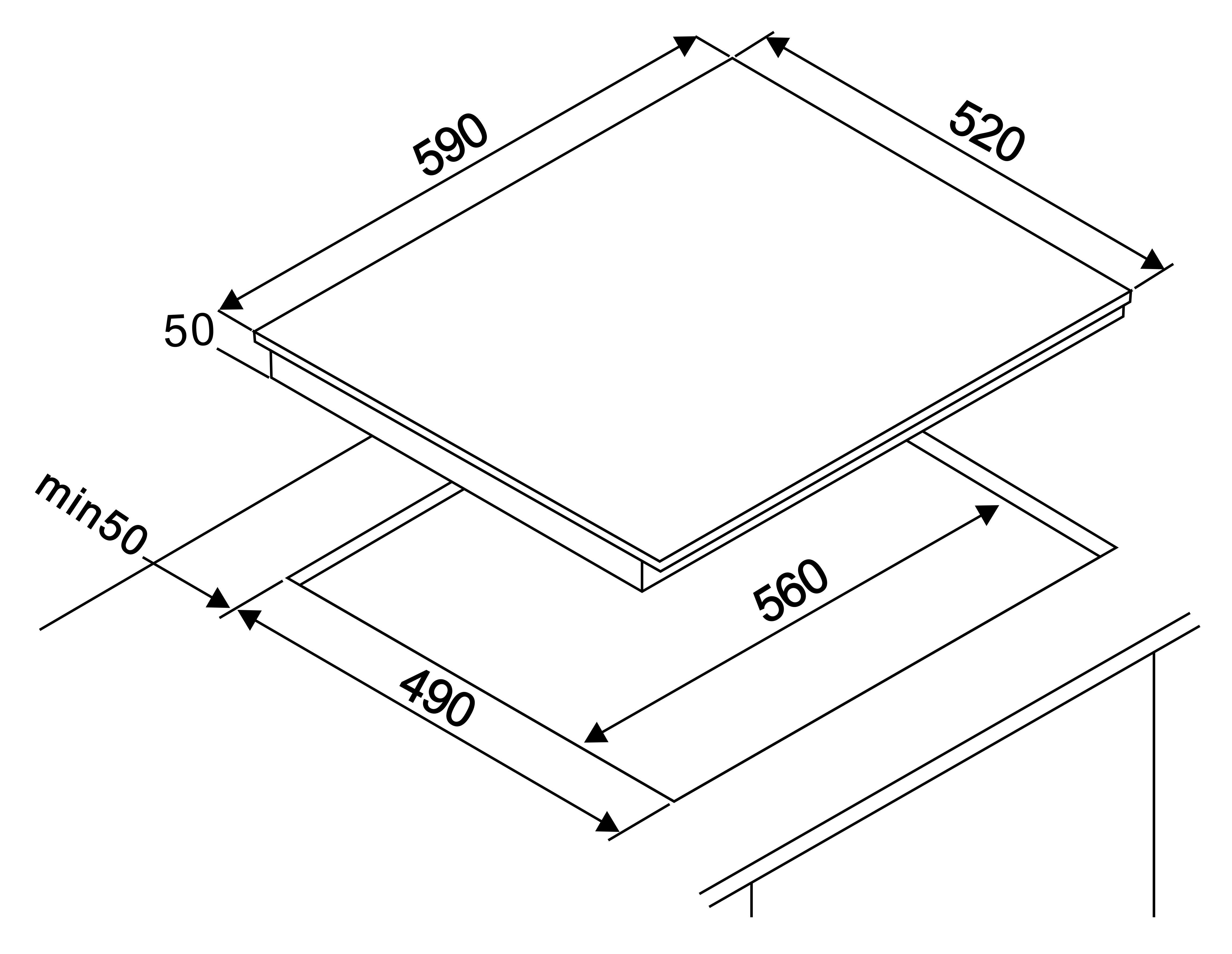 Diagramm eines Kochfelds, das Abmessungen in Millimetern zeigt.