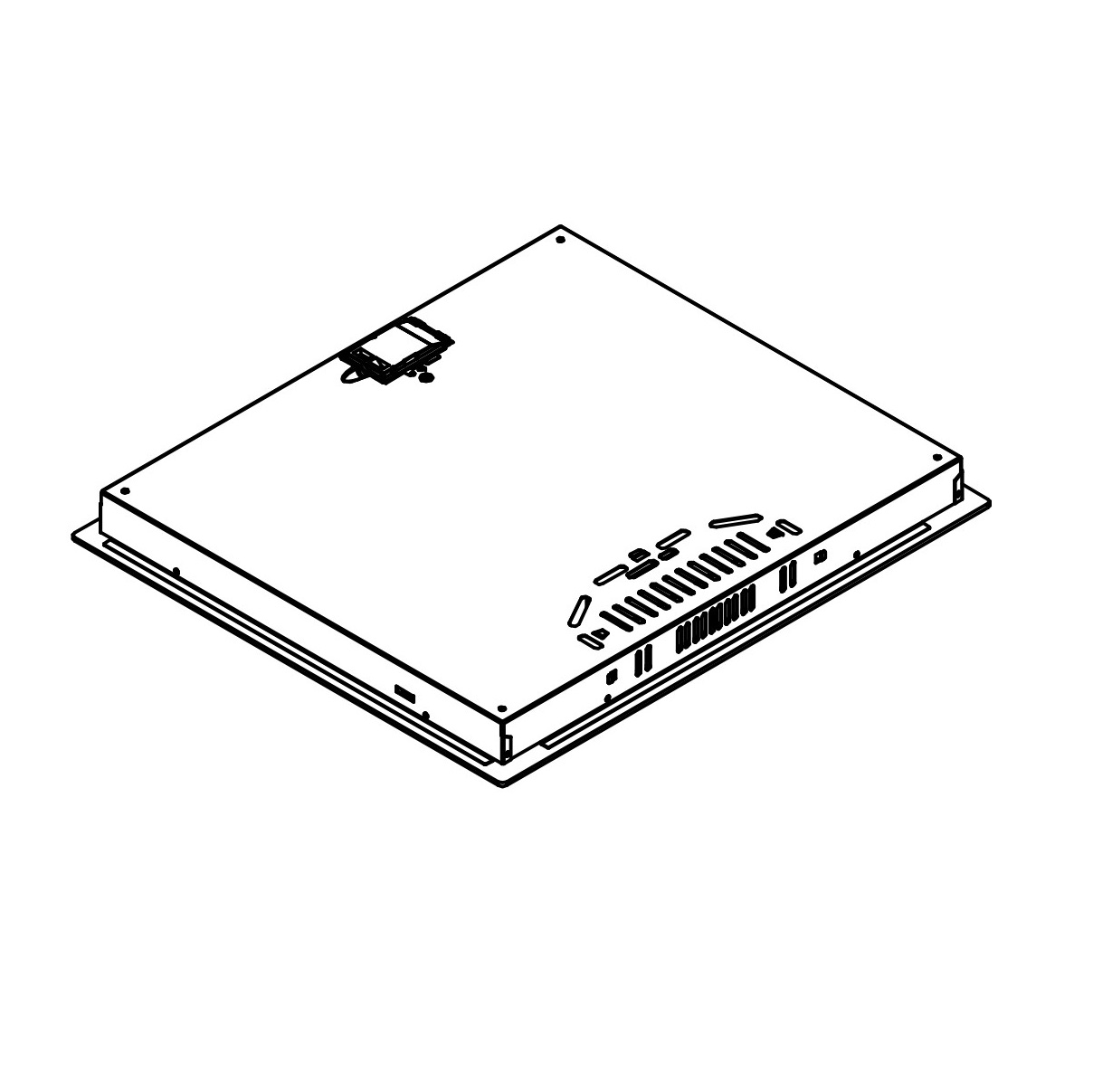 Schwarz-Weiß-Strichzeichnung eines rechteckigen elektronischen Geräts, schräge Perspektive.