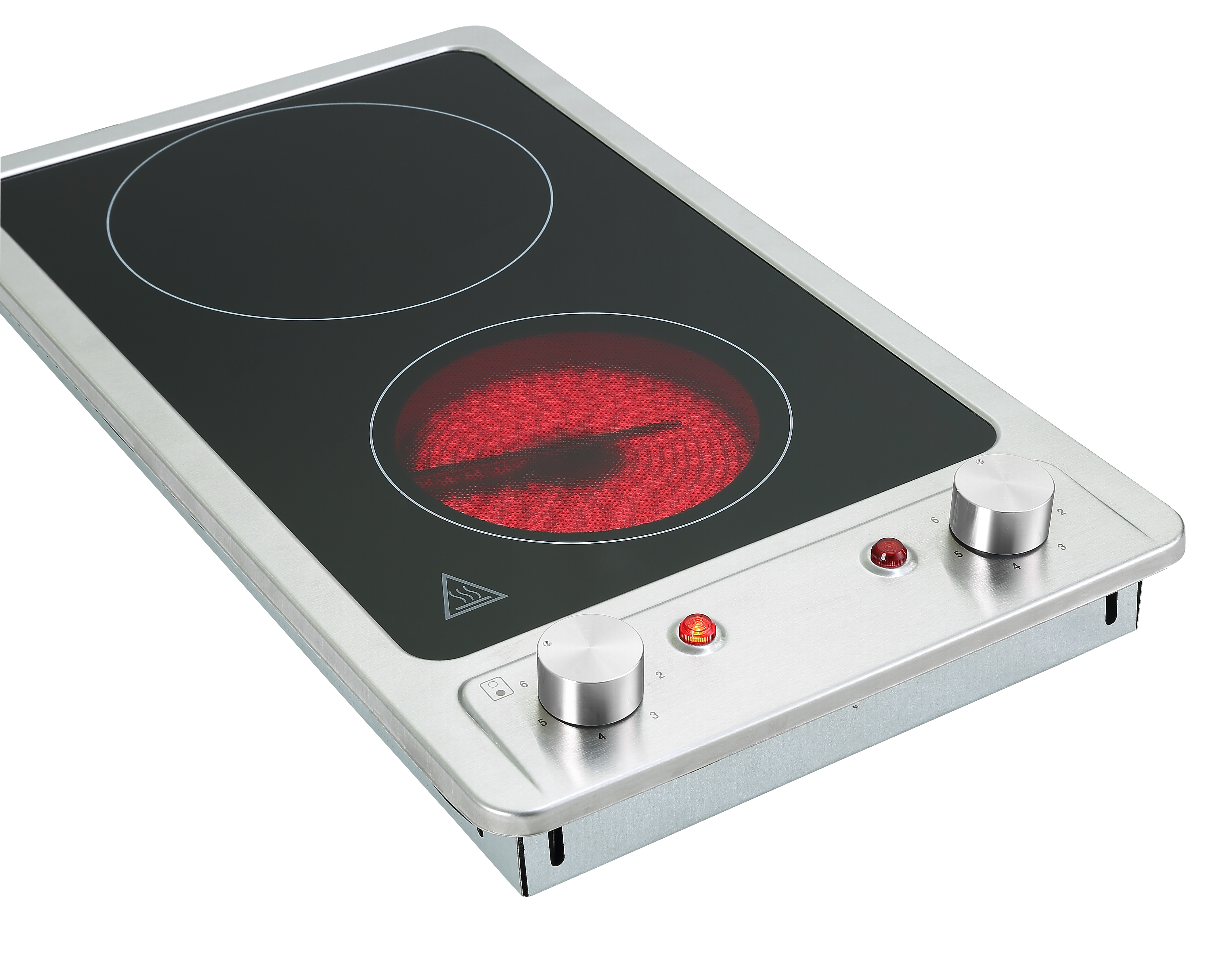 Electric stovetop with two burners. One red-hot. Silver frame, two knobs, and a red power light.